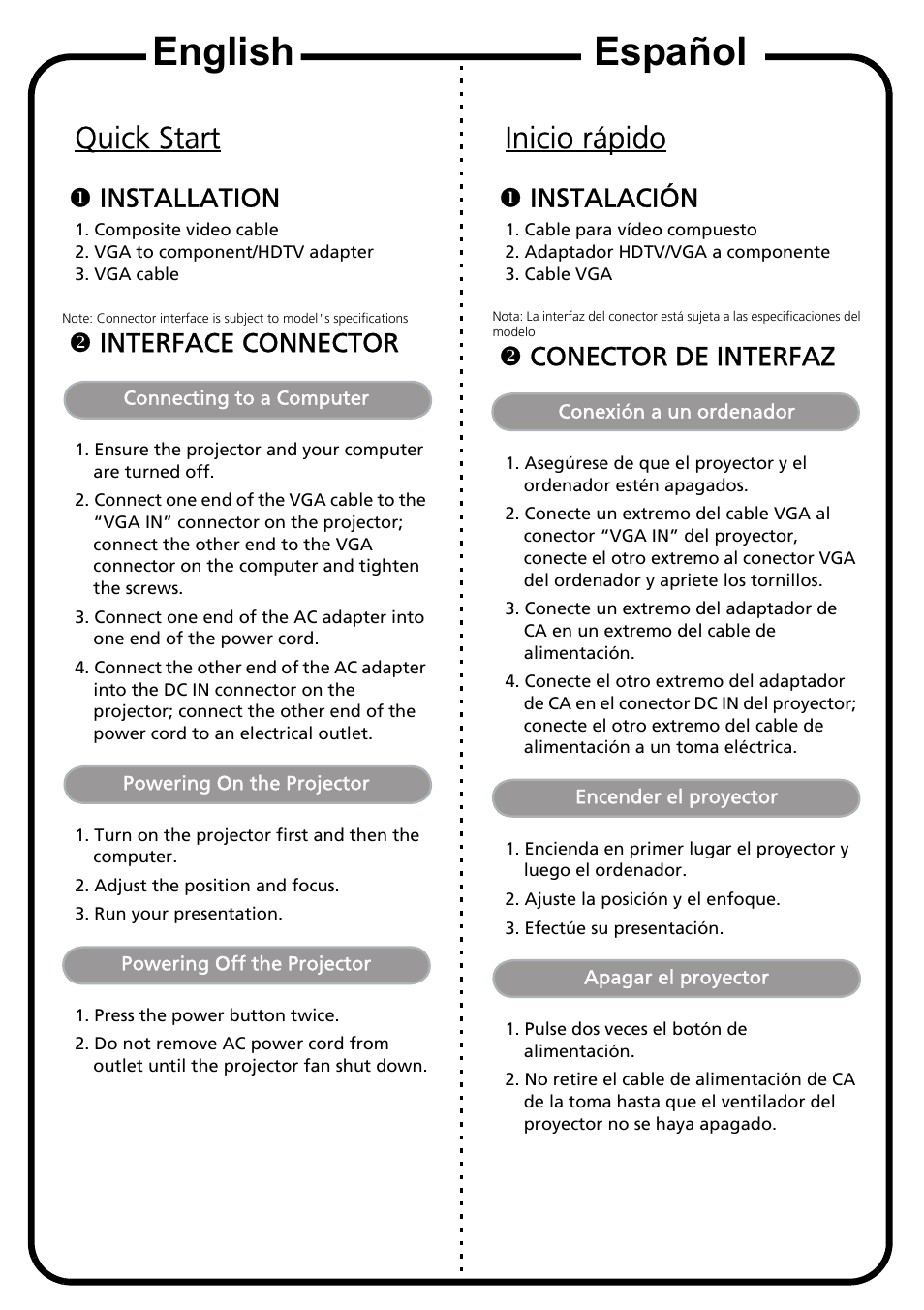 Español english, Quick start, Inicio rápido | Xinstallation, Yinterface connector, Xinstalación, Yconector de interfaz | Acer K10 User Manual | Page 2 / 2