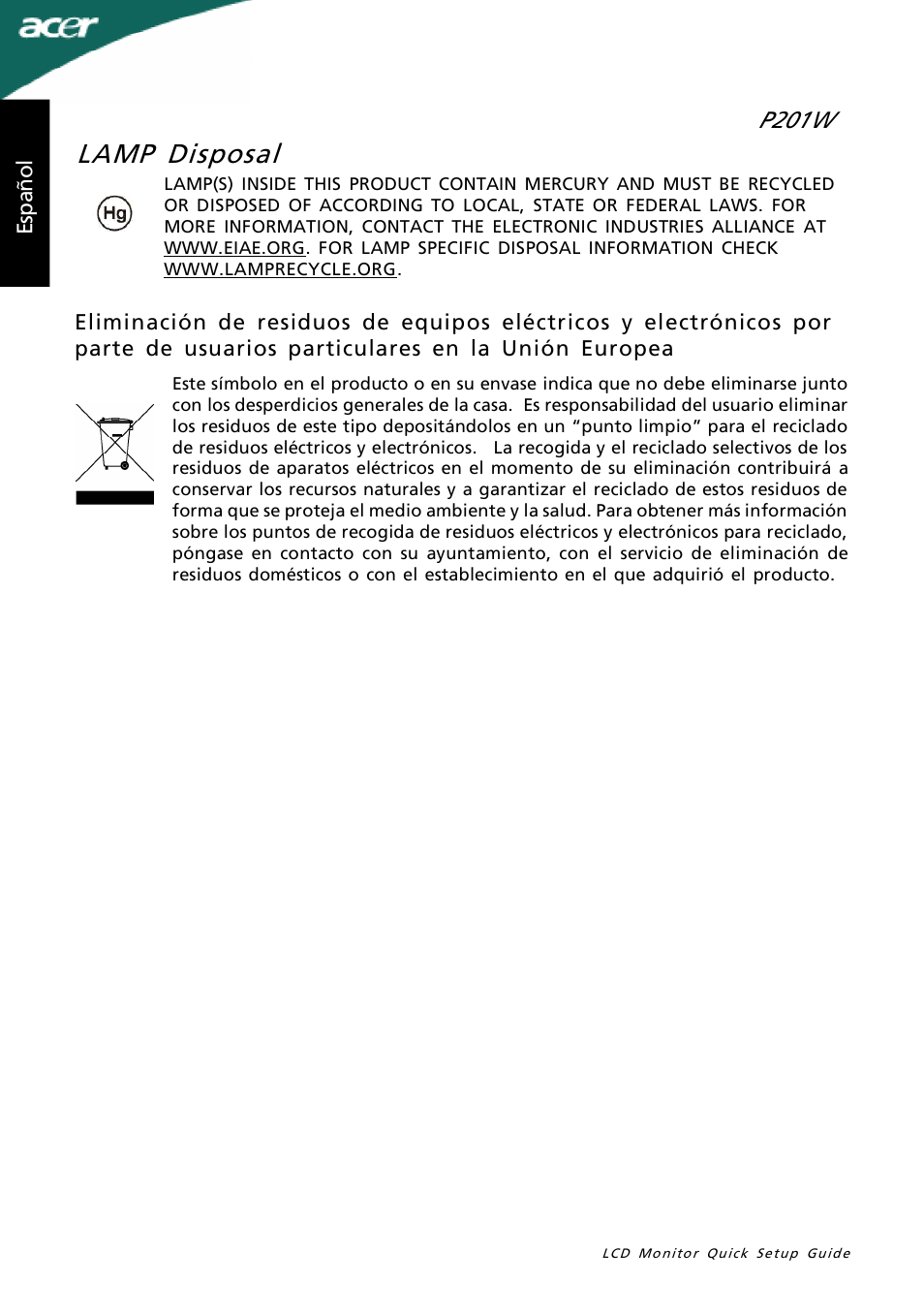Lamp disposal, P201w | Acer P201W User Manual | Page 2 / 2