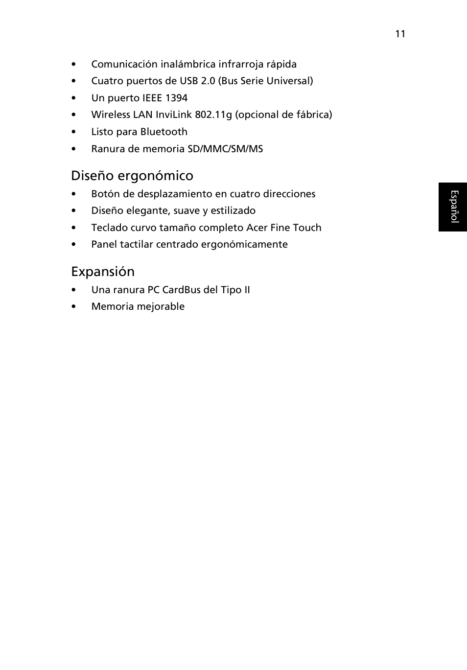 Diseño ergonómico, Expansión | Acer Ferrari 3200 User Manual | Page 21 / 106