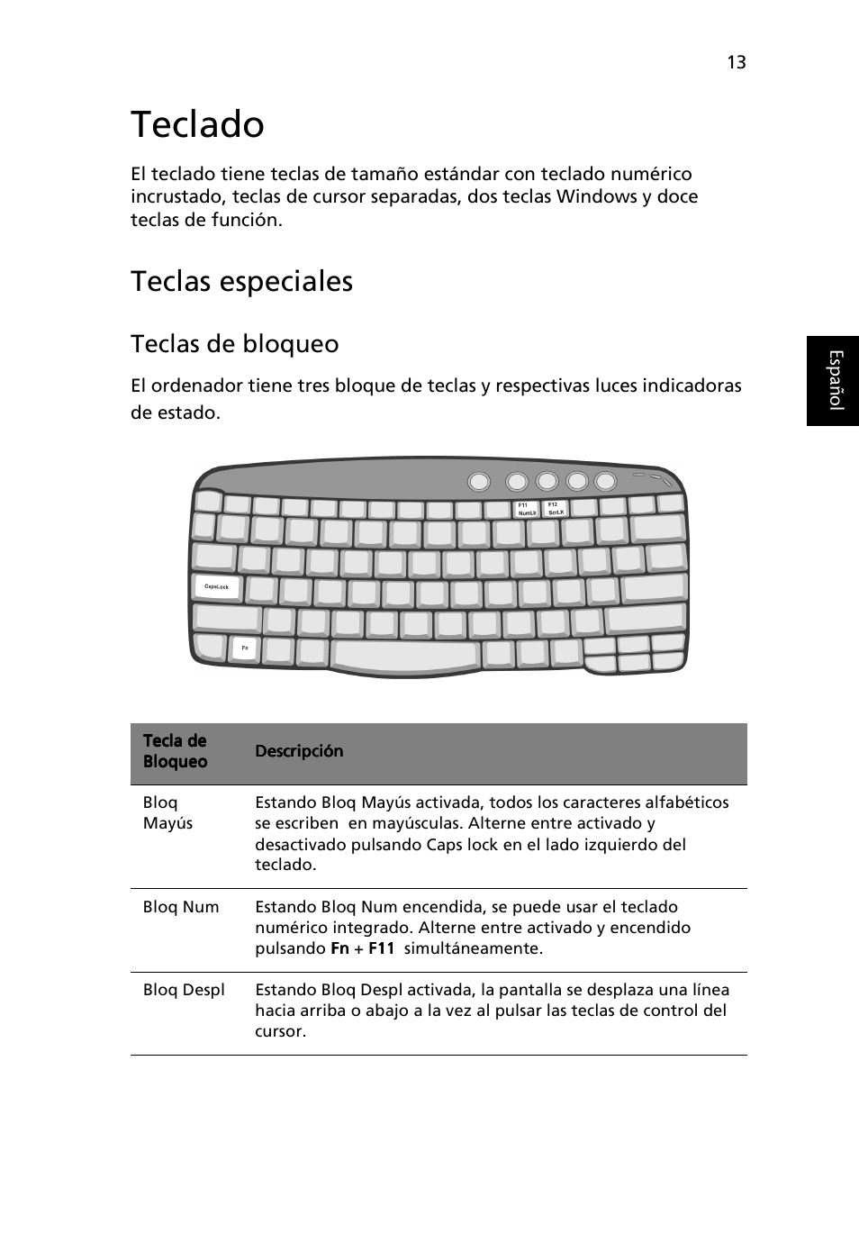 Teclado, Teclas especiales, Teclas de bloqueo | Acer Ferrari 3200 User Manual | Page 23 / 106