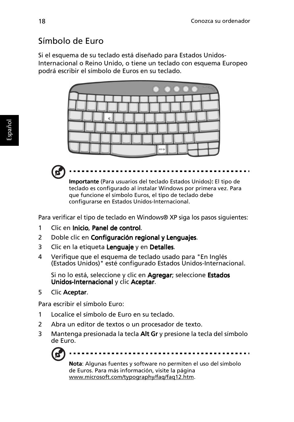 1 clic en inicio, panel de control, 1 localice el símbolo de euro en su teclado, Símbolo de euro | Acer Ferrari 3200 User Manual | Page 28 / 106