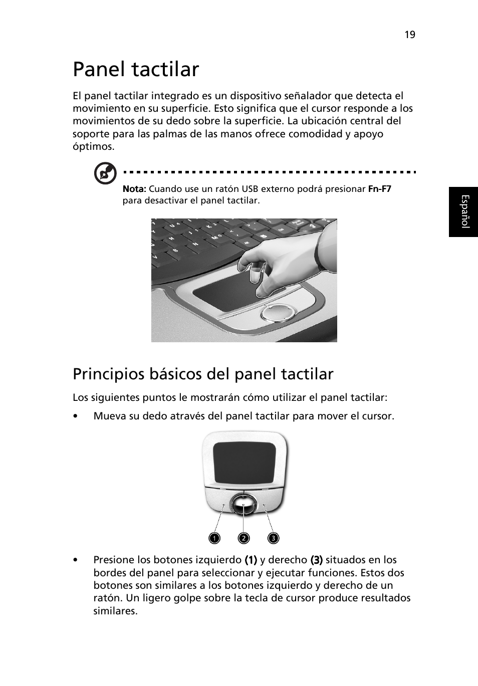 Panel tactilar, Principios básicos del panel tactilar | Acer Ferrari 3200 User Manual | Page 29 / 106