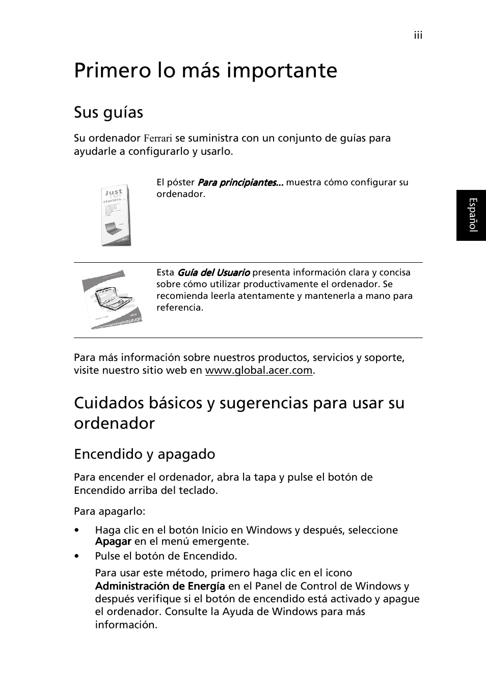Primero lo más importante, Sus guías, Encendido y apagado | Acer Ferrari 3200 User Manual | Page 3 / 106