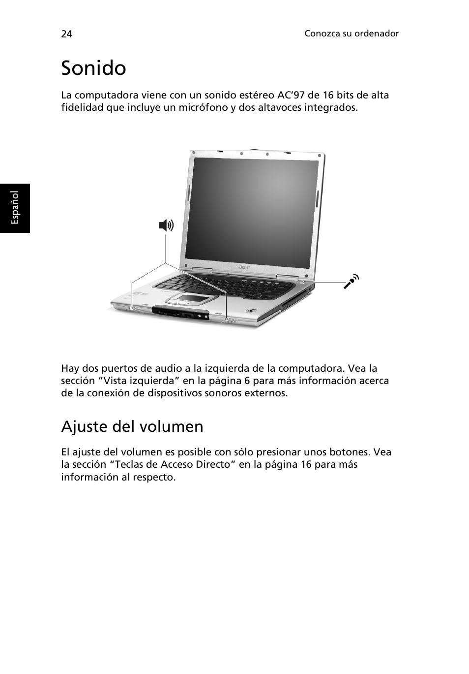 Sonido, Ajuste del volumen | Acer Ferrari 3200 User Manual | Page 34 / 106