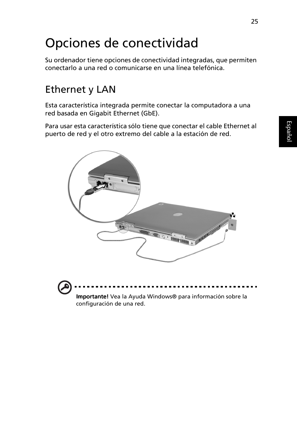 Opciones de conectividad, Ethernet y lan | Acer Ferrari 3200 User Manual | Page 35 / 106