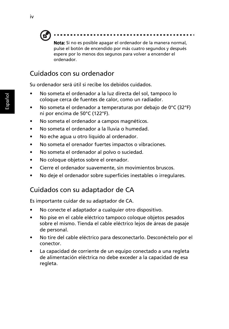 Cuidados con su ordenador, Cuidados con su adaptador de ca | Acer Ferrari 3200 User Manual | Page 4 / 106