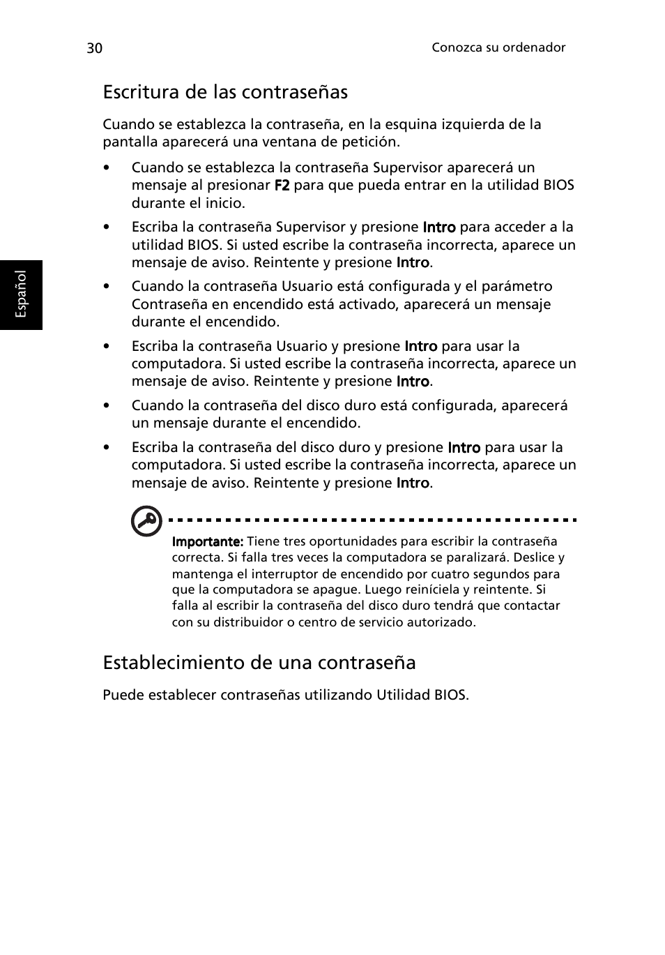 Escritura de las contraseñas, Establecimiento de una contraseña | Acer Ferrari 3200 User Manual | Page 40 / 106