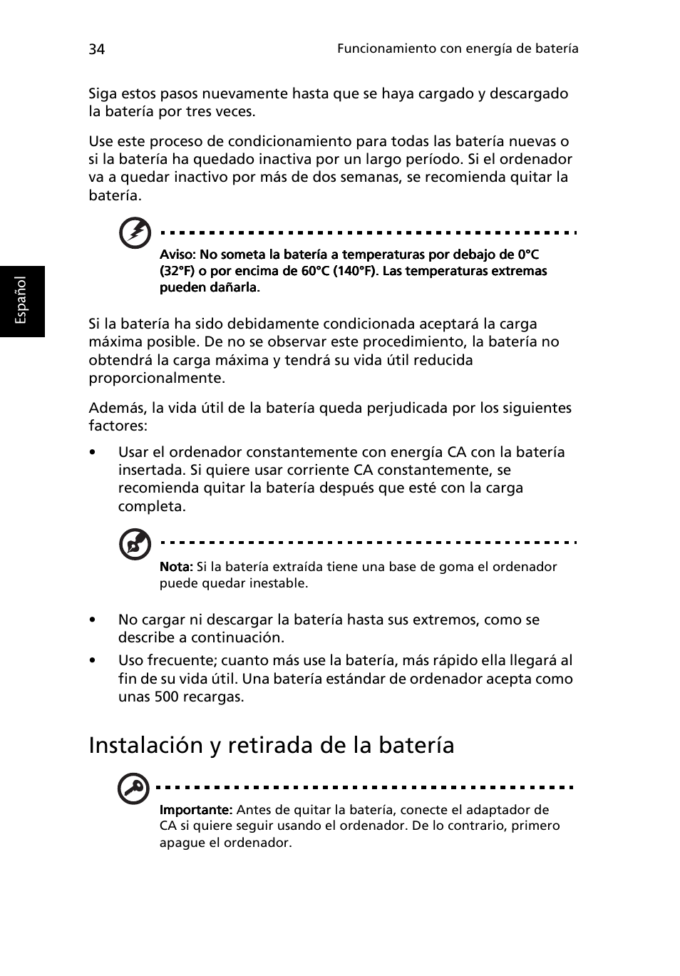 Instalación y retirada de la batería | Acer Ferrari 3200 User Manual | Page 44 / 106