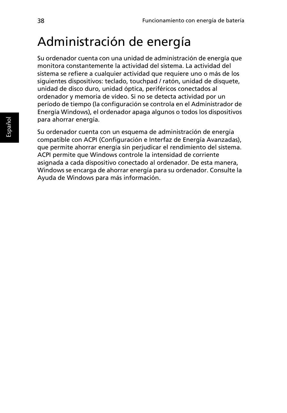 Administración de energía | Acer Ferrari 3200 User Manual | Page 48 / 106