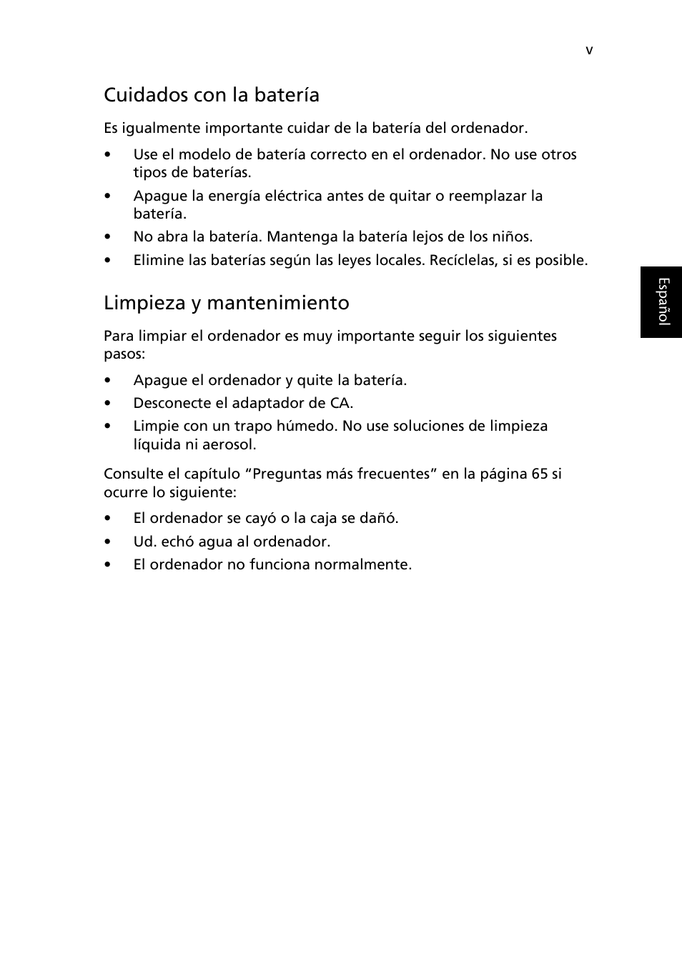 Cuidados con la batería, Limpieza y mantenimiento | Acer Ferrari 3200 User Manual | Page 5 / 106