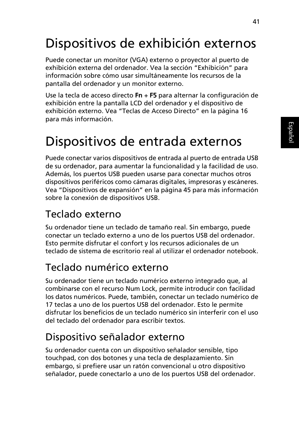 Dispositivos de exhibición externos, Dispositivos de entrada externos, Teclado externo | Teclado numérico externo, Dispositivo señalador externo | Acer Ferrari 3200 User Manual | Page 51 / 106