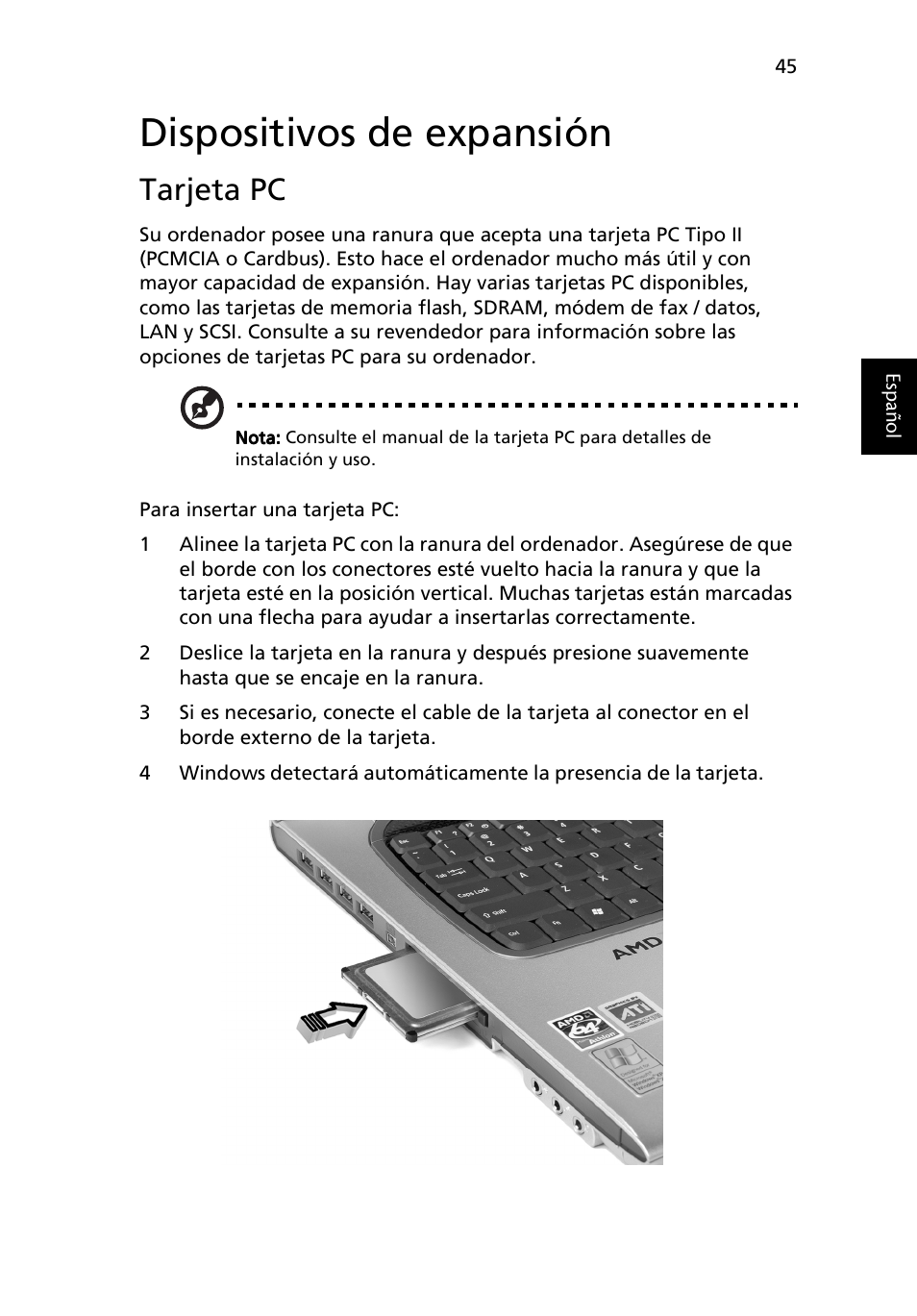 Dispositivos de expansión, Tarjeta pc | Acer Ferrari 3200 User Manual | Page 55 / 106