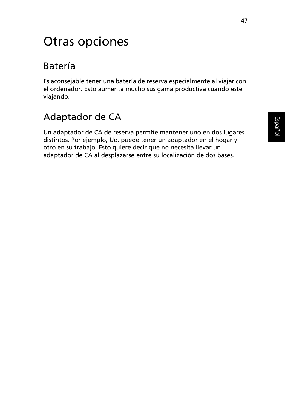 Otras opciones, Batería, Adaptador de ca | Acer Ferrari 3200 User Manual | Page 57 / 106