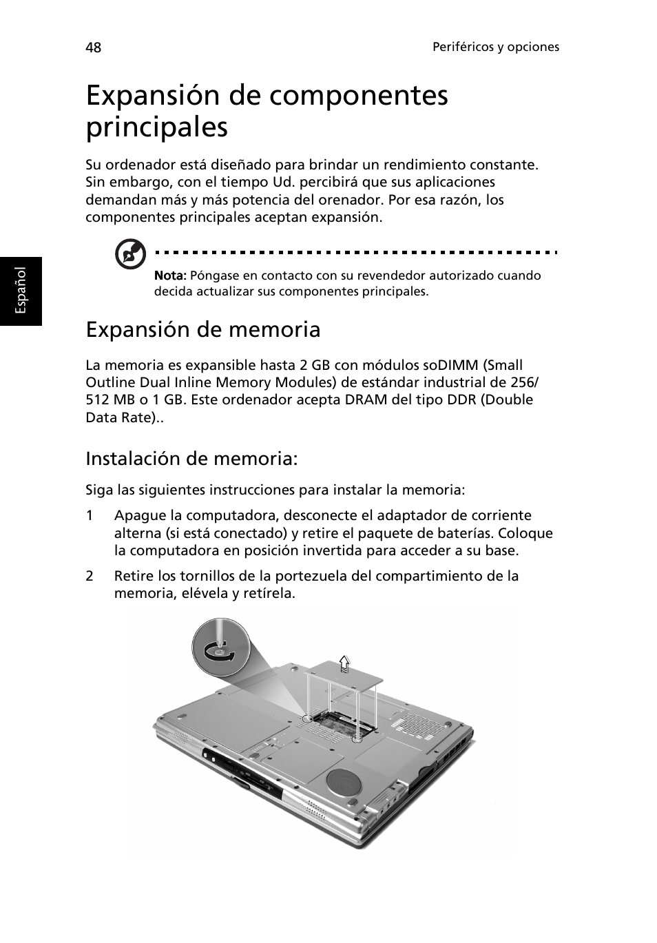 Expansión de componentes principales, Expansión de memoria | Acer Ferrari 3200 User Manual | Page 58 / 106