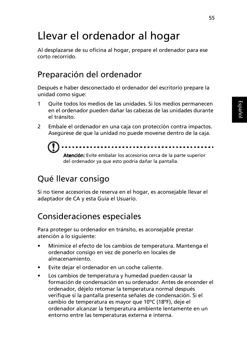 Llevar el ordenador al hogar, Preparación del ordenador, Qué llevar consigo | Consideraciones especiales | Acer Ferrari 3200 User Manual | Page 65 / 106