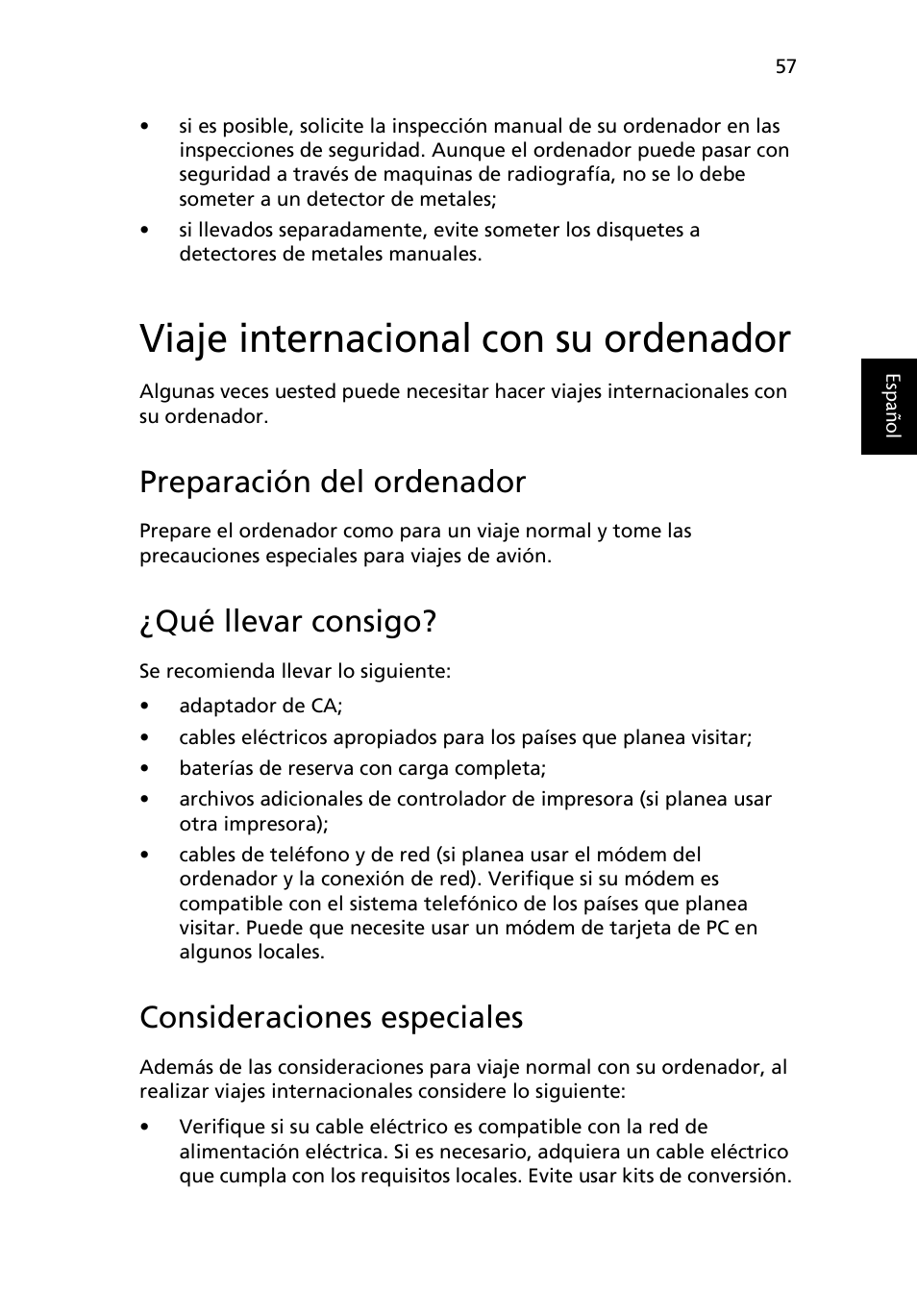 Viaje internacional con su ordenador, Preparación del ordenador, Qué llevar consigo | Consideraciones especiales | Acer Ferrari 3200 User Manual | Page 67 / 106