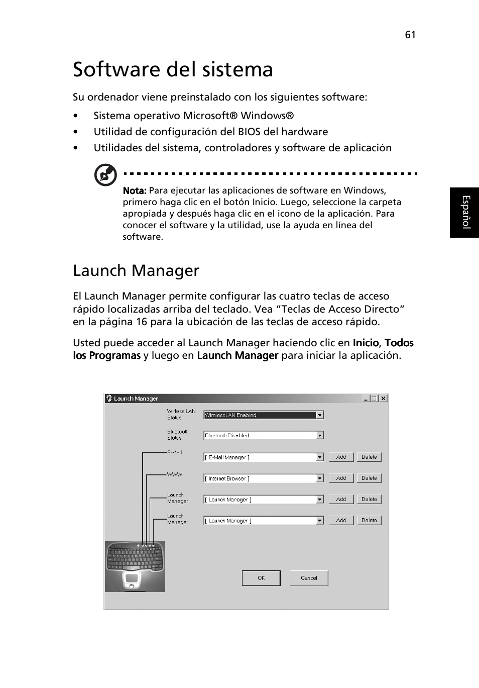 Software del sistema, Launch manager | Acer Ferrari 3200 User Manual | Page 71 / 106