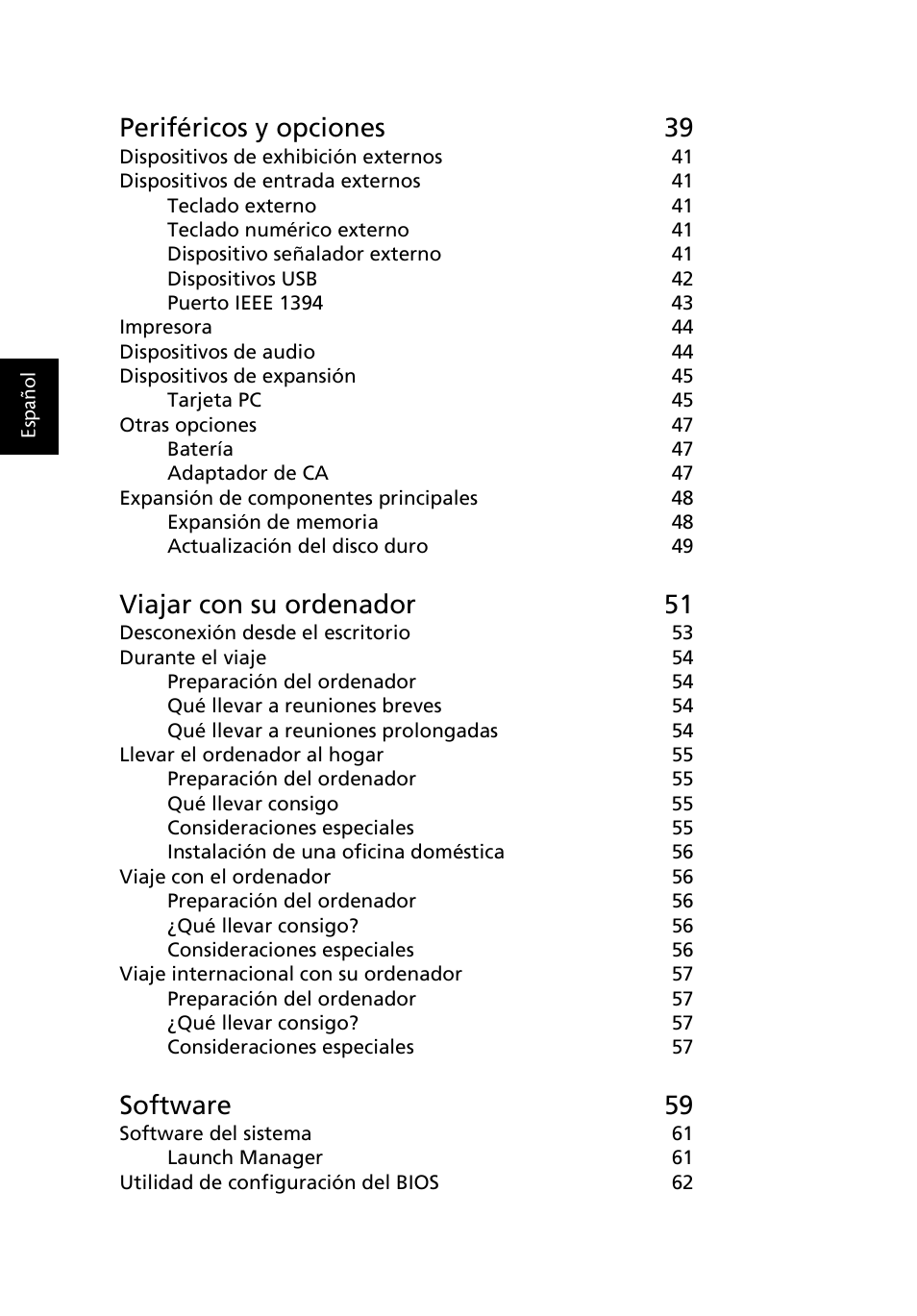 Periféricos y opciones 39, Viajar con su ordenador 51, Software 59 | Acer Ferrari 3200 User Manual | Page 8 / 106