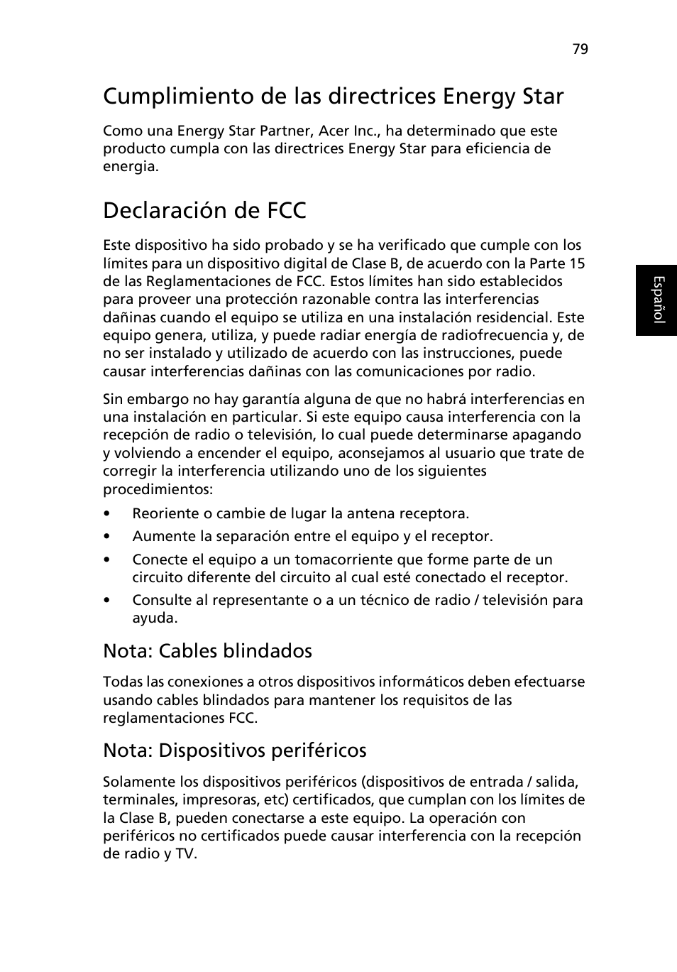 Cumplimiento de las directrices energy star, Declaración de fcc, Nota: cables blindados | Nota: dispositivos periféricos | Acer Ferrari 3200 User Manual | Page 89 / 106