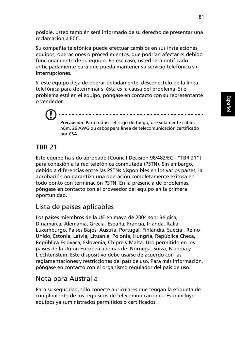 Tbr 21, Lista de países aplicables, Nota para australia | Acer Ferrari 3200 User Manual | Page 91 / 106