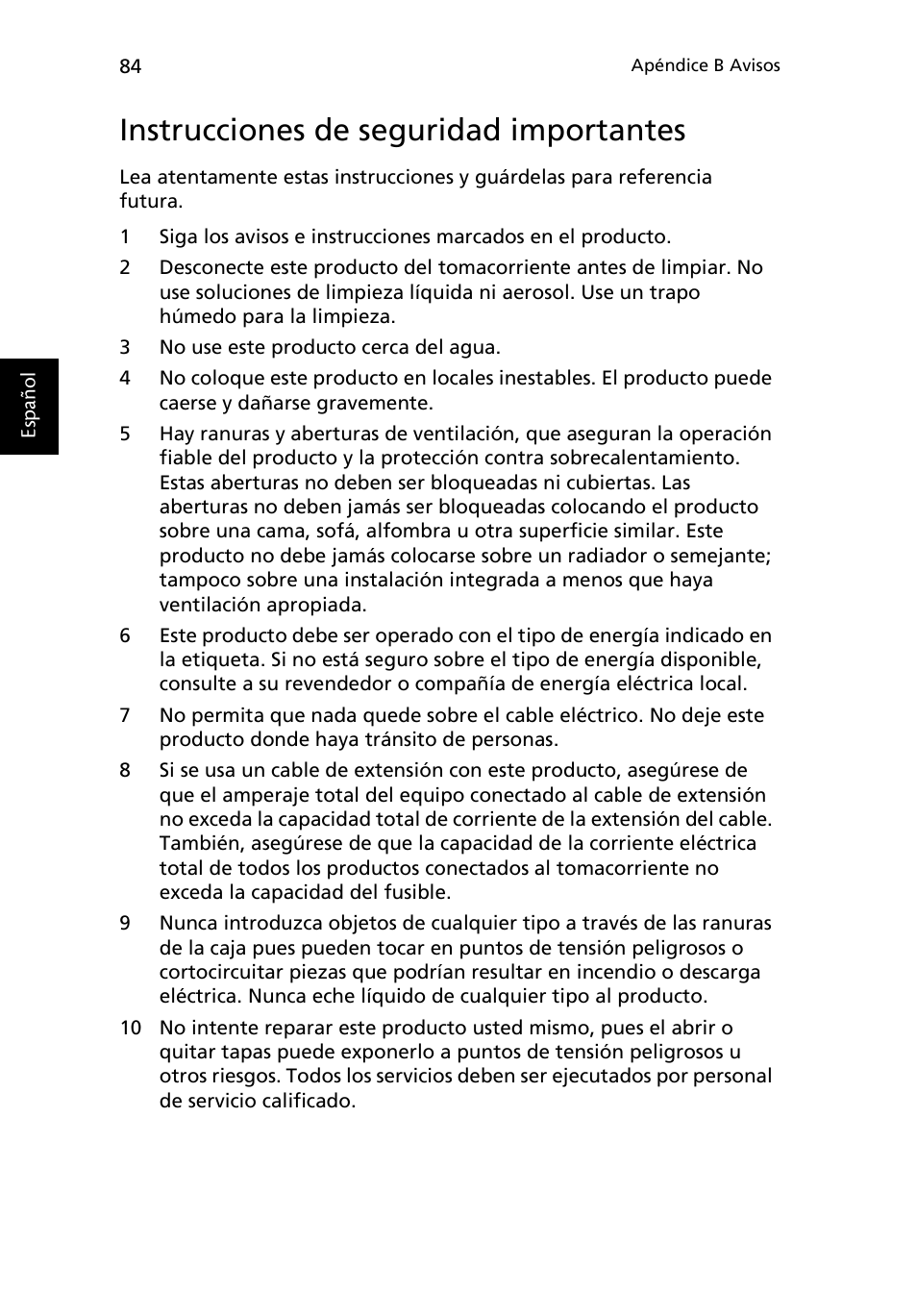 Instrucciones de seguridad importantes | Acer Ferrari 3200 User Manual | Page 94 / 106