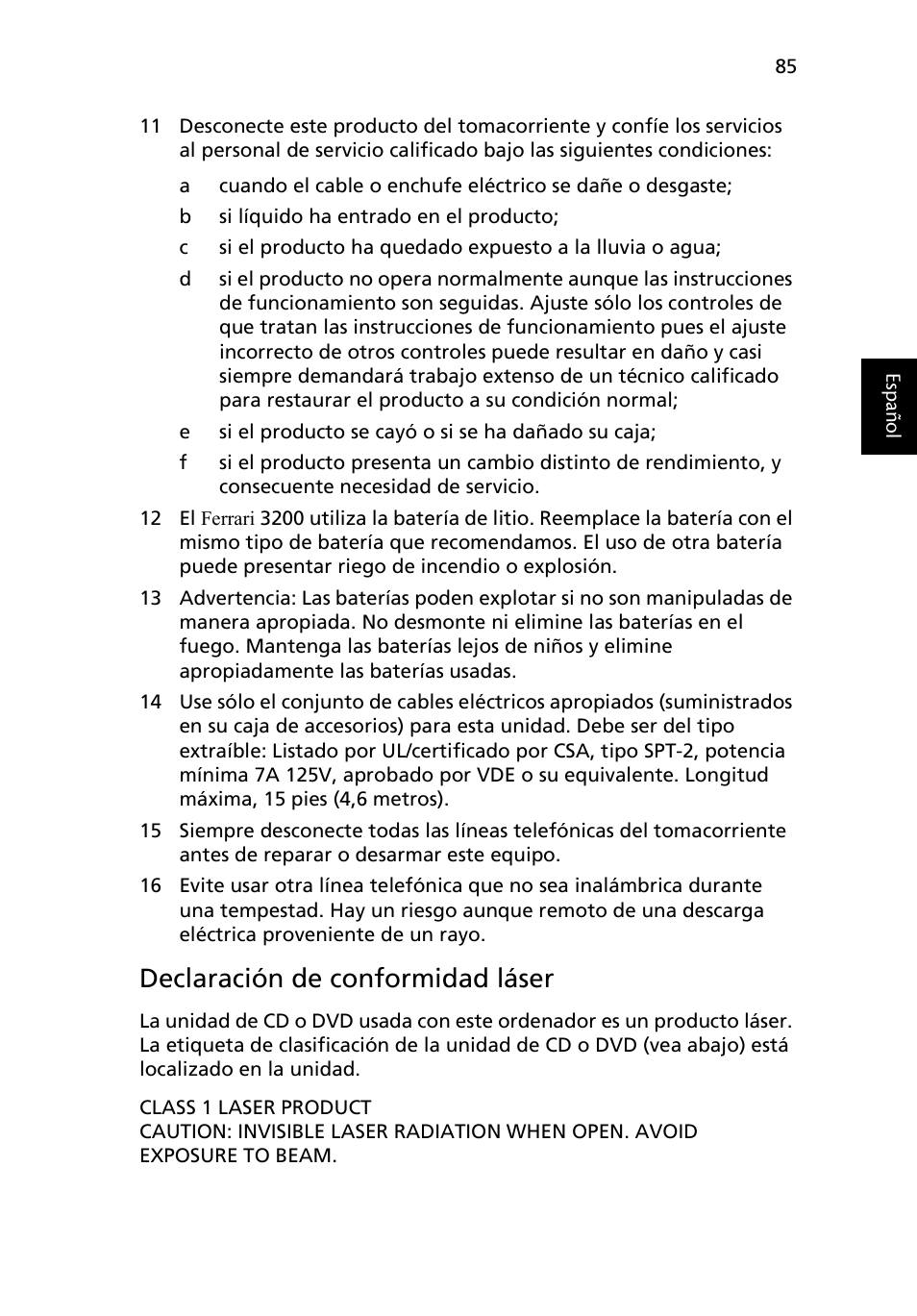 Declaración de conformidad láser | Acer Ferrari 3200 User Manual | Page 95 / 106