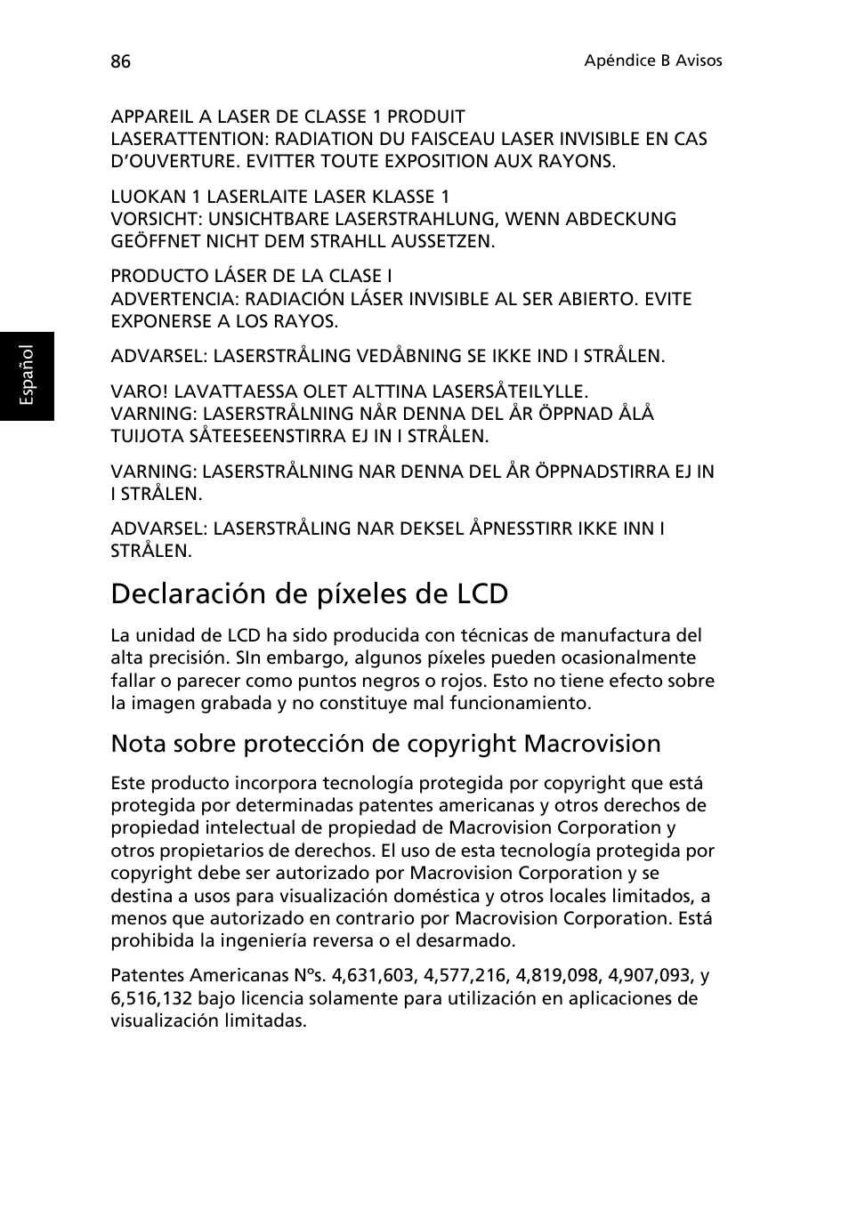 Declaración de píxeles de lcd, Nota sobre protección de copyright macrovision | Acer Ferrari 3200 User Manual | Page 96 / 106