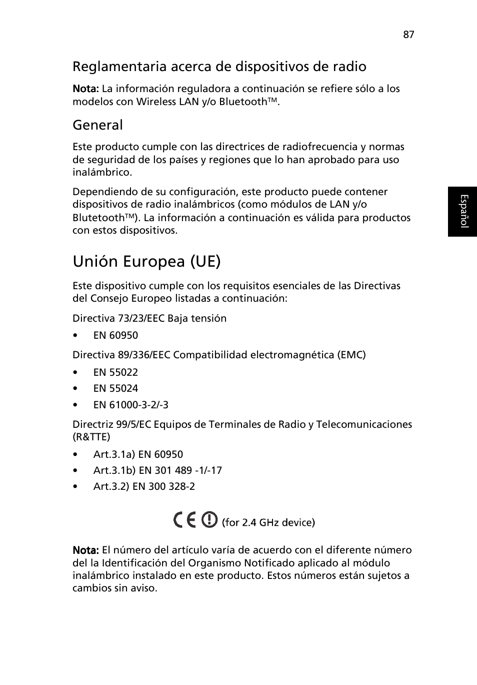 Unión europea (ue), Reglamentaria acerca de dispositivos de radio, General | Acer Ferrari 3200 User Manual | Page 97 / 106