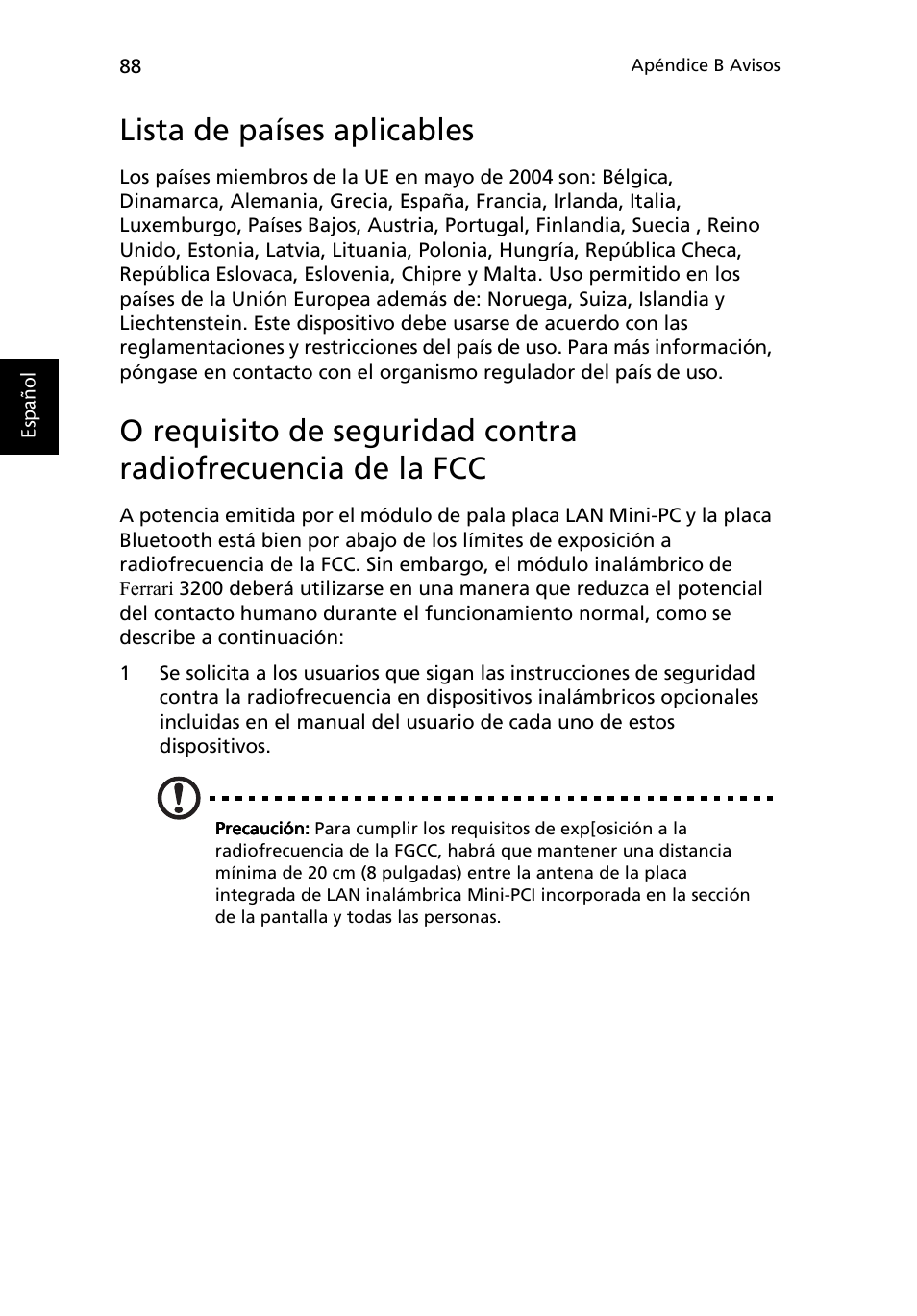 Lista de países aplicables | Acer Ferrari 3200 User Manual | Page 98 / 106