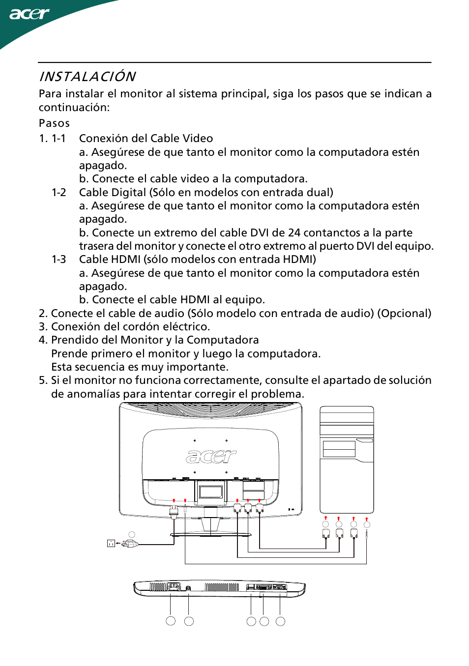 Instalación, Es-12 | Acer H244H User Manual | Page 13 / 23