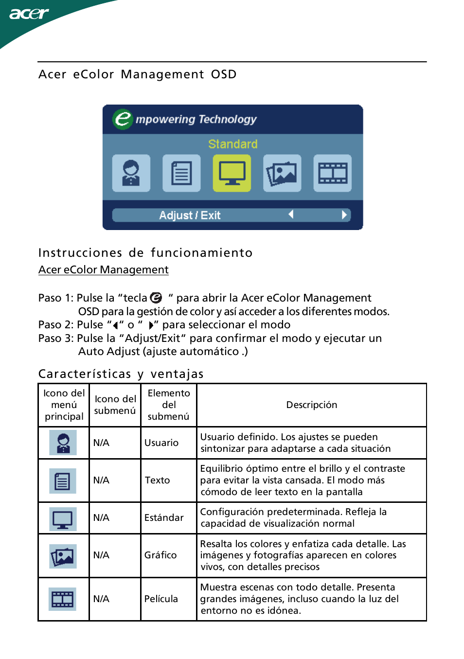 Características y ventajas | Acer H244H User Manual | Page 15 / 23