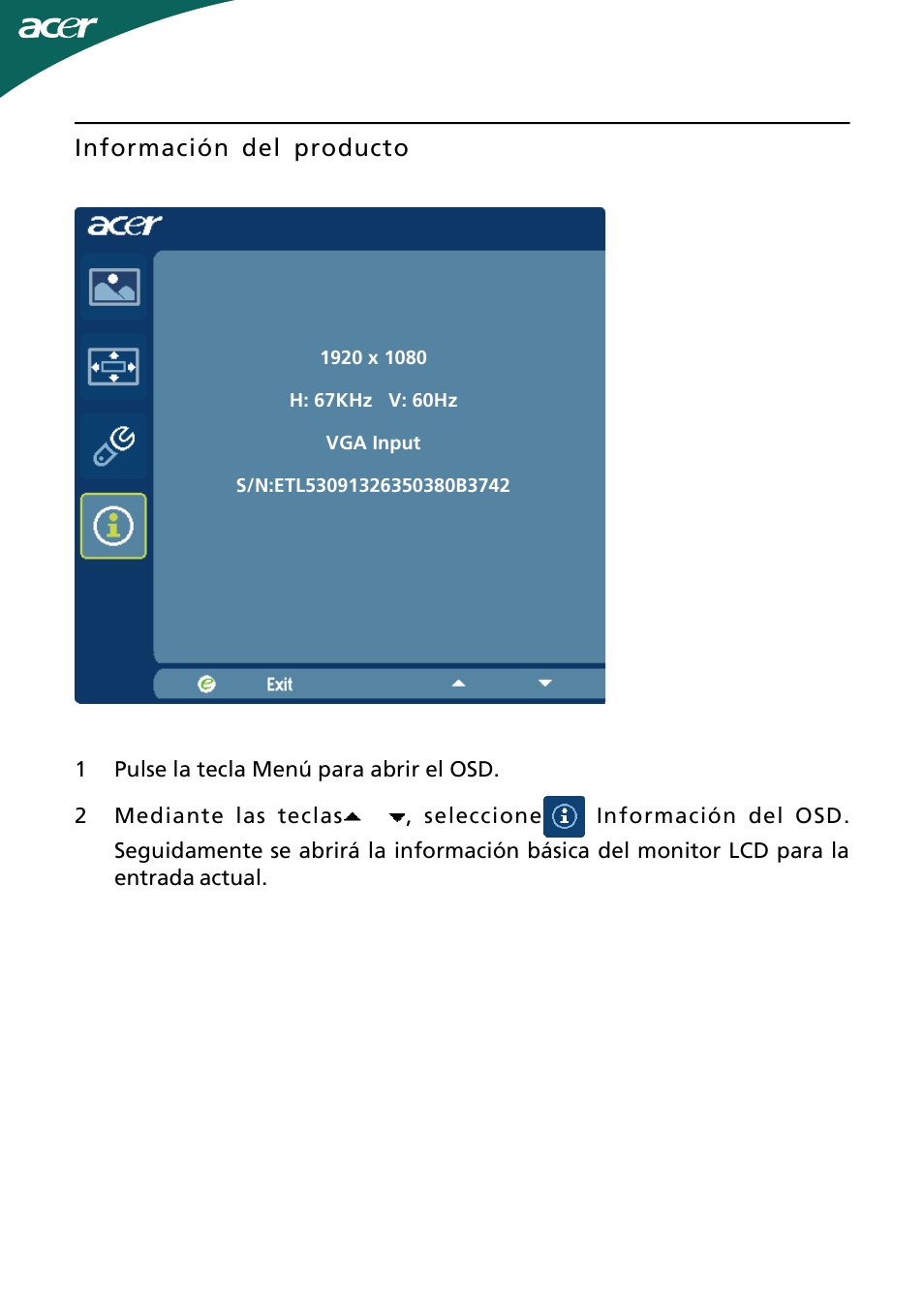 Información del producto | Acer H244H User Manual | Page 19 / 23