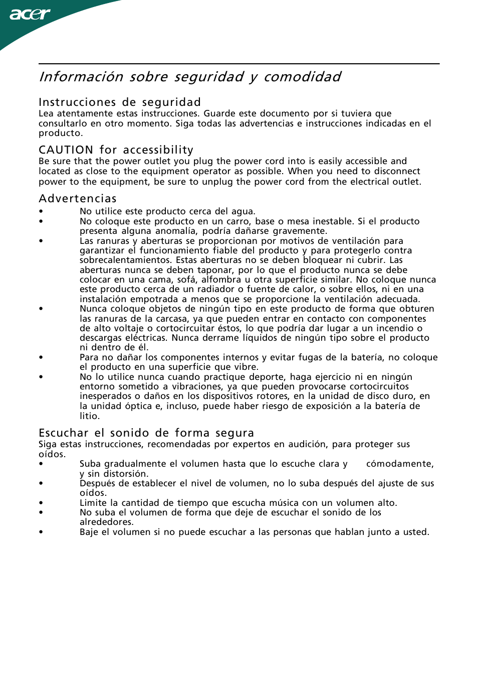 Información sobre seguridad y comodidad, Es-2, Instrucciones de seguridad | Caution for accessibility, Advertencias, Escuchar el sonido de forma segura | Acer H244H User Manual | Page 3 / 23
