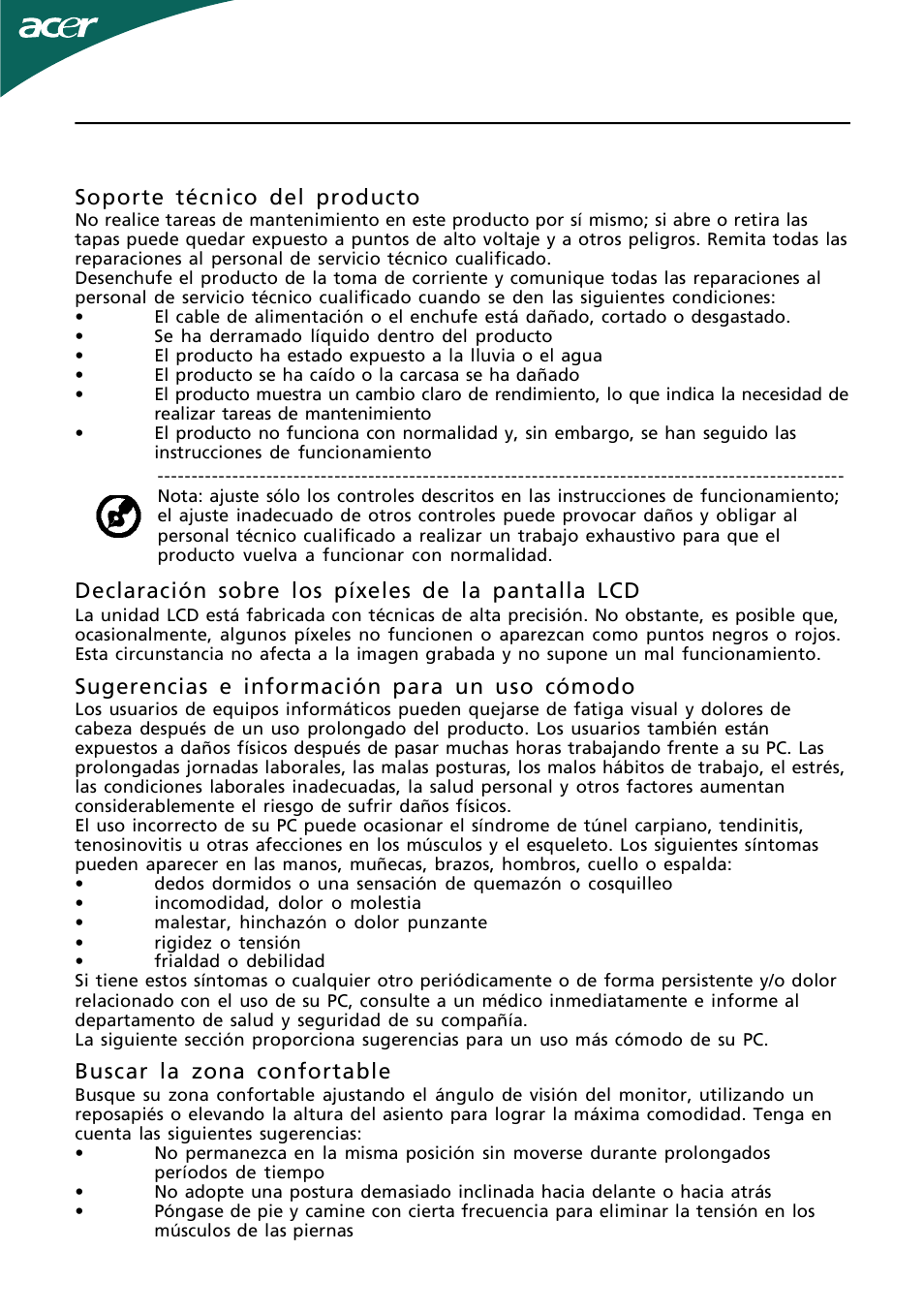 Es-3 soporte técnico del producto, Declaración sobre los píxeles de la pantalla lcd, Sugerencias e información para un uso cómodo | Buscar la zona confortable | Acer H244H User Manual | Page 4 / 23