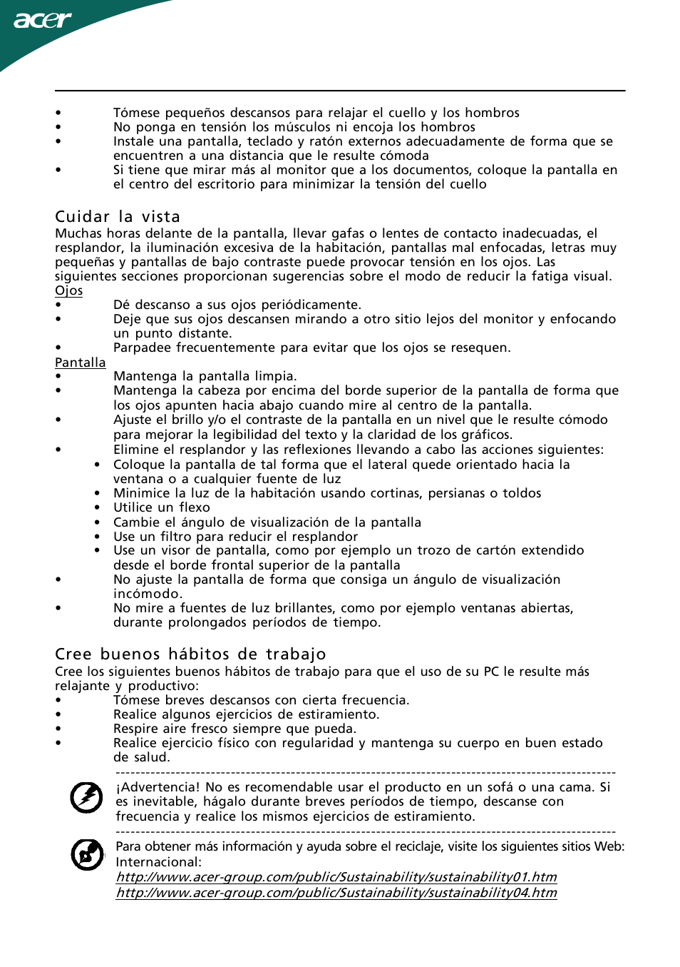 Es-4, Cuidar la vista, Cree buenos hábitos de trabajo | Acer H244H User Manual | Page 5 / 23