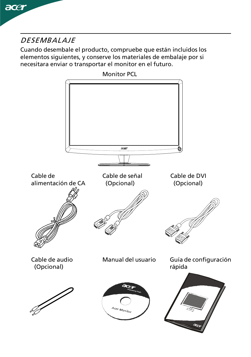 Desembalaje | Acer H244H User Manual | Page 6 / 23