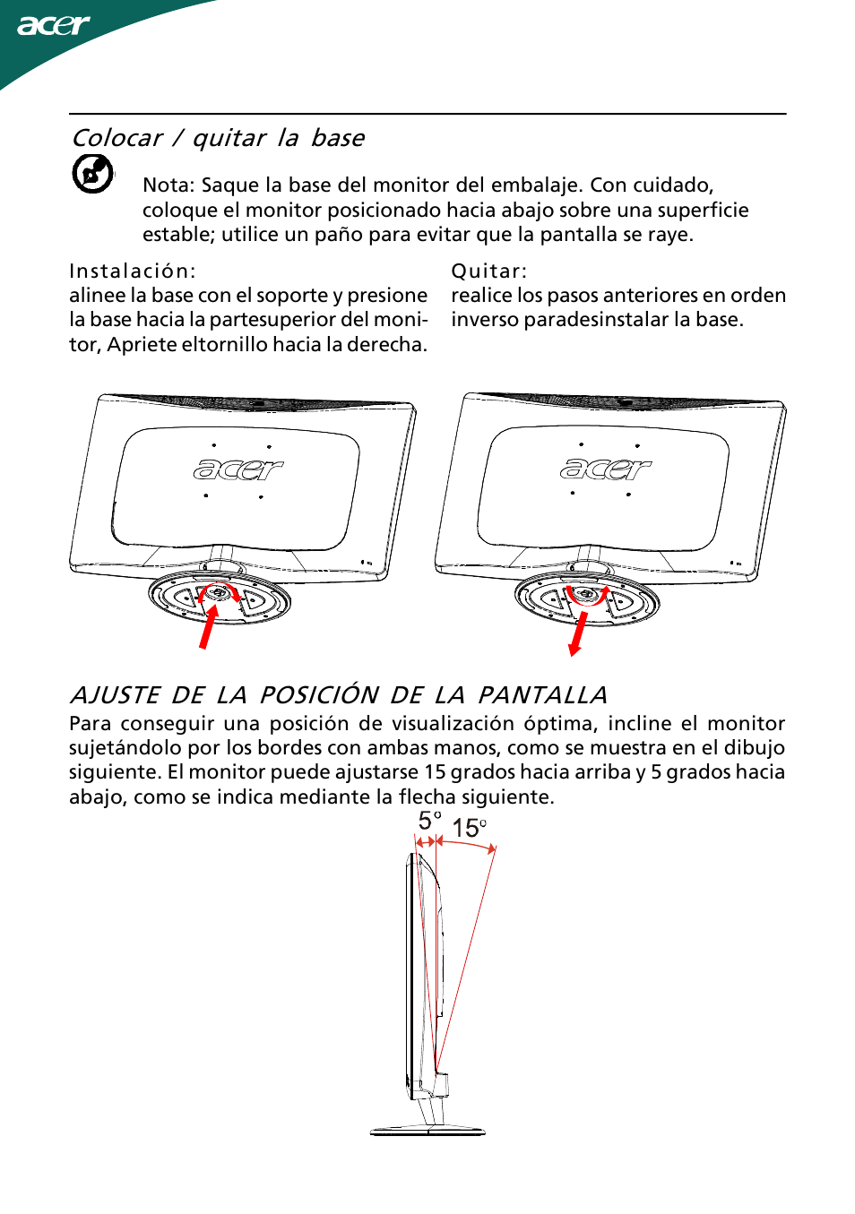 Ajuste de la posición de la pantalla, Colocar / quitar la base | Acer H244H User Manual | Page 7 / 23