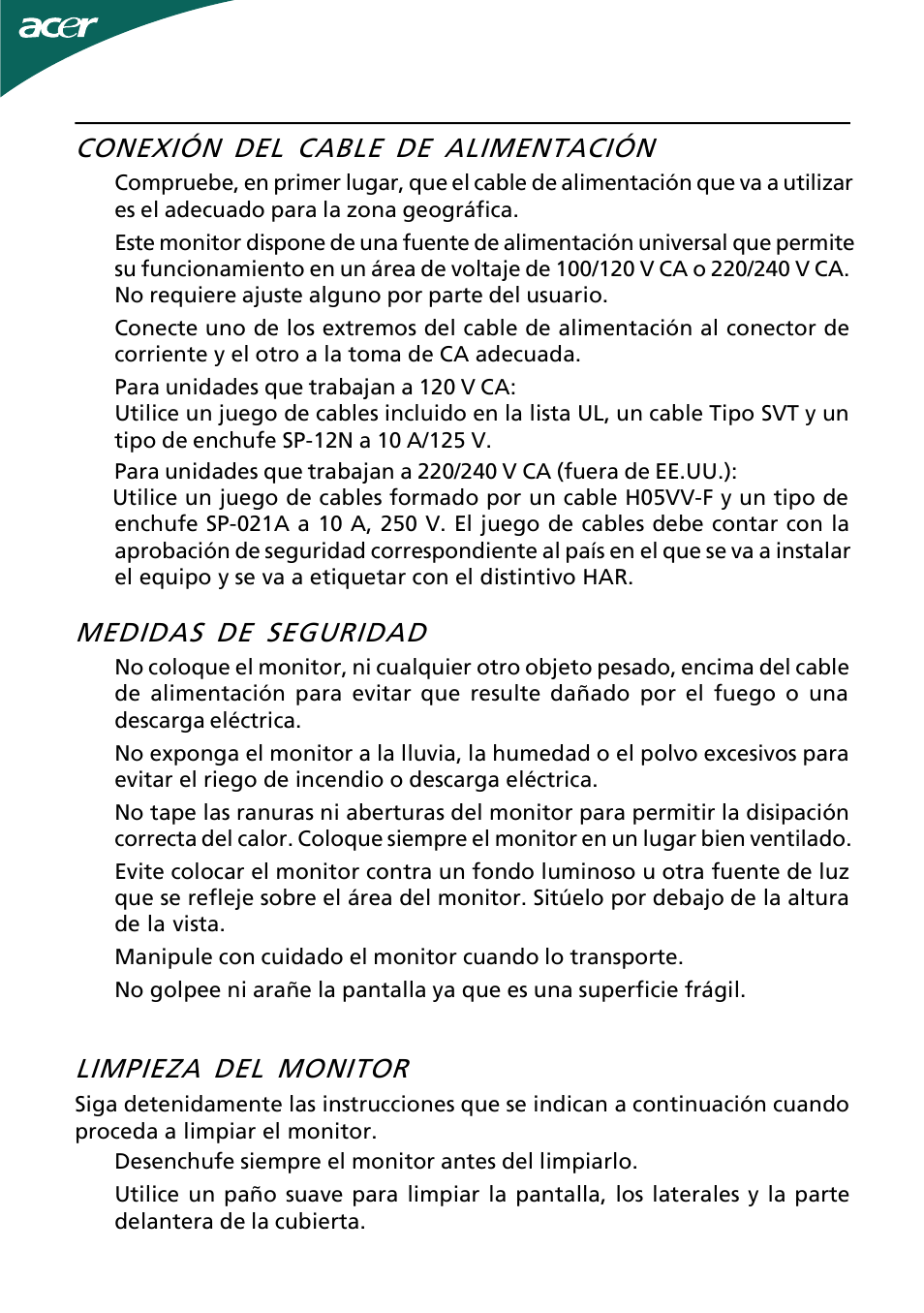 Conexión del cable de alimentación, Medidas de seguridad, Limpieza del monitor | Acer H244H User Manual | Page 8 / 23