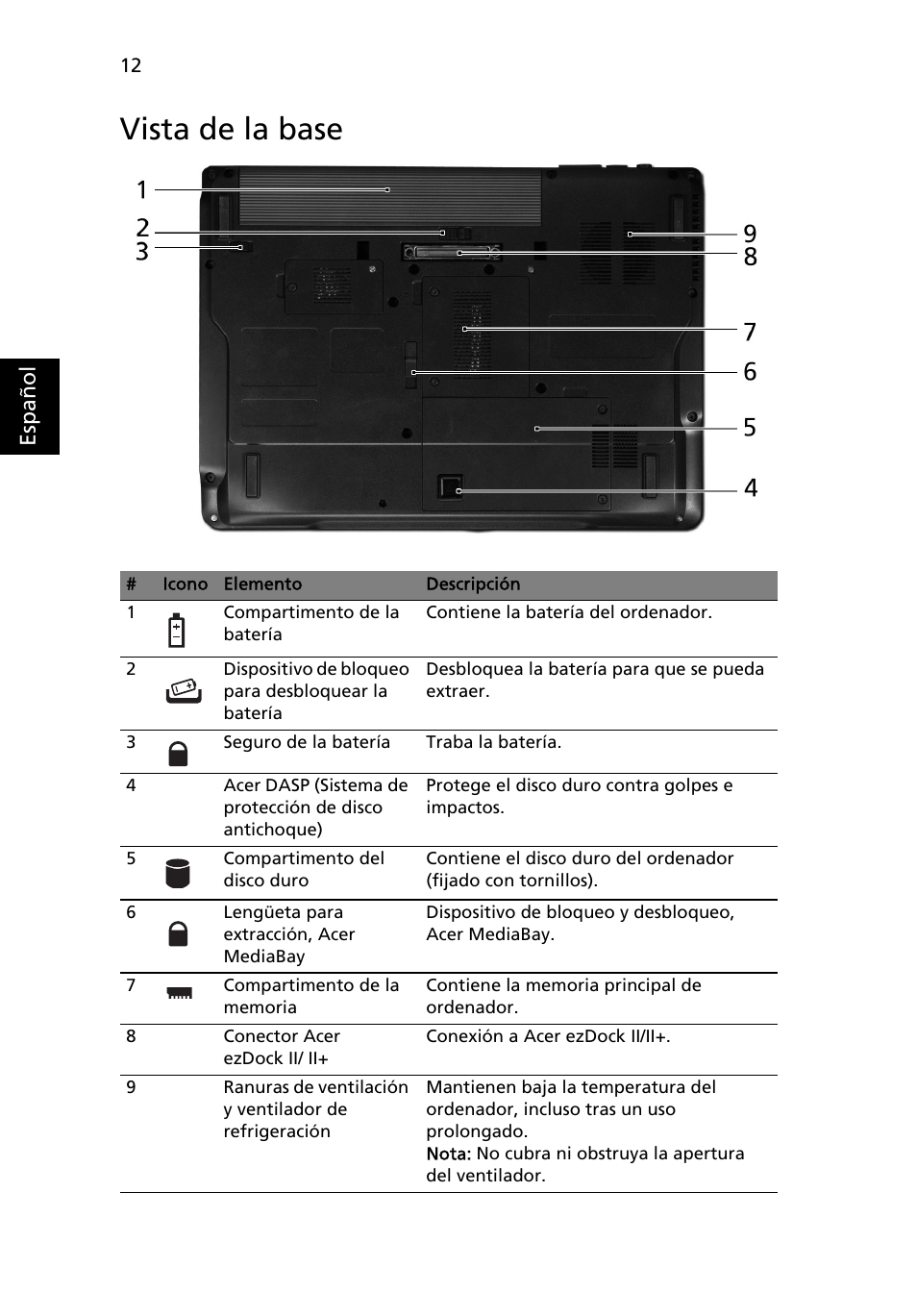 Vista de la base | Acer TravelMate 6493 User Manual | Page 12 / 17