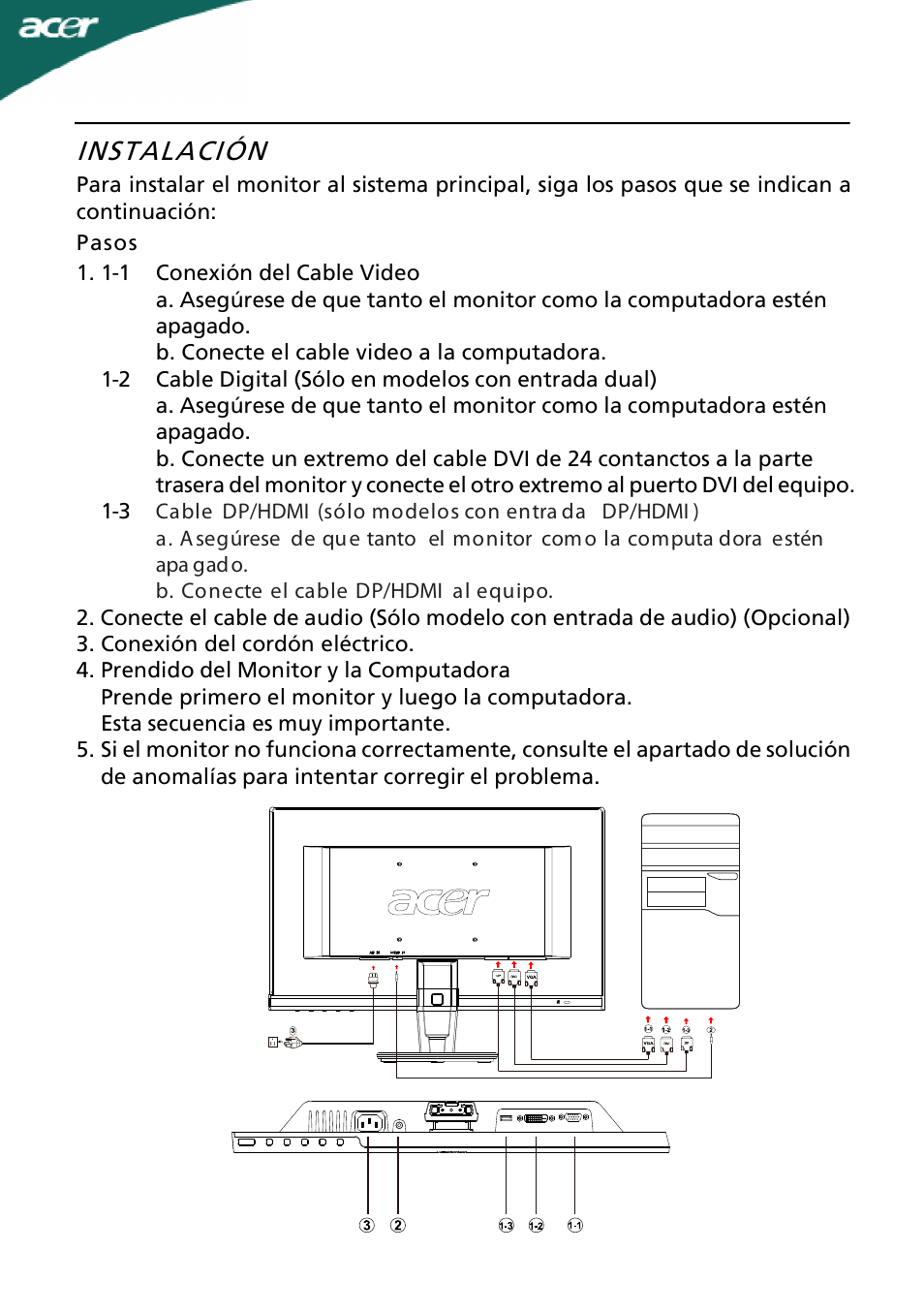 Instalación | Acer A221HQ User Manual | Page 13 / 23