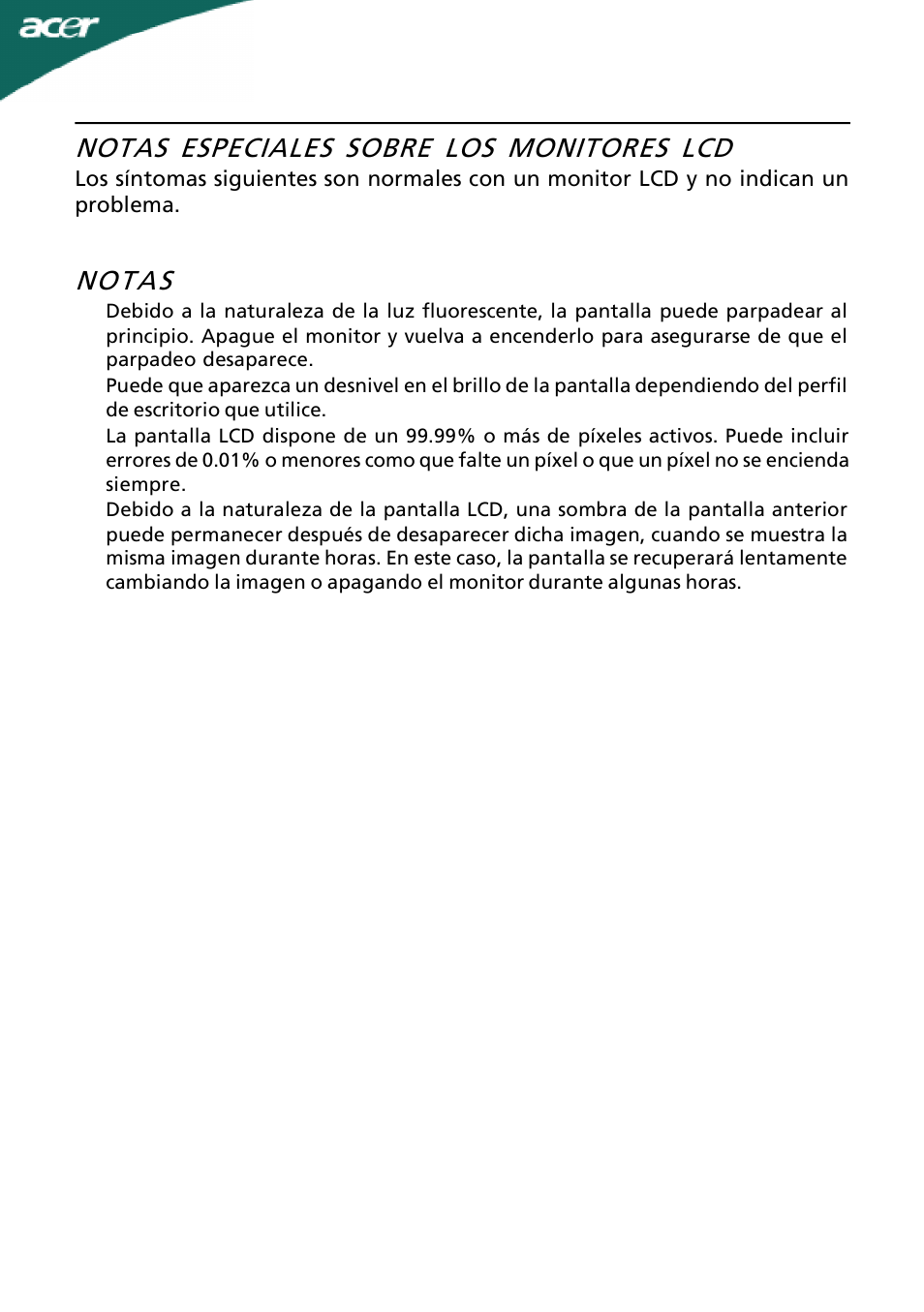 Notas especiales sobre los monitores lcd, Notas | Acer A221HQ User Manual | Page 2 / 23