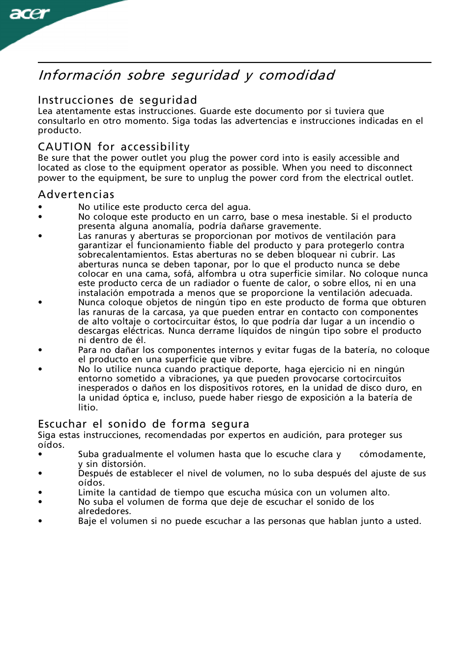 Información sobre seguridad y comodidad, Es-2, Instrucciones de seguridad | Caution for accessibility, Advertencias, Escuchar el sonido de forma segura | Acer A221HQ User Manual | Page 3 / 23