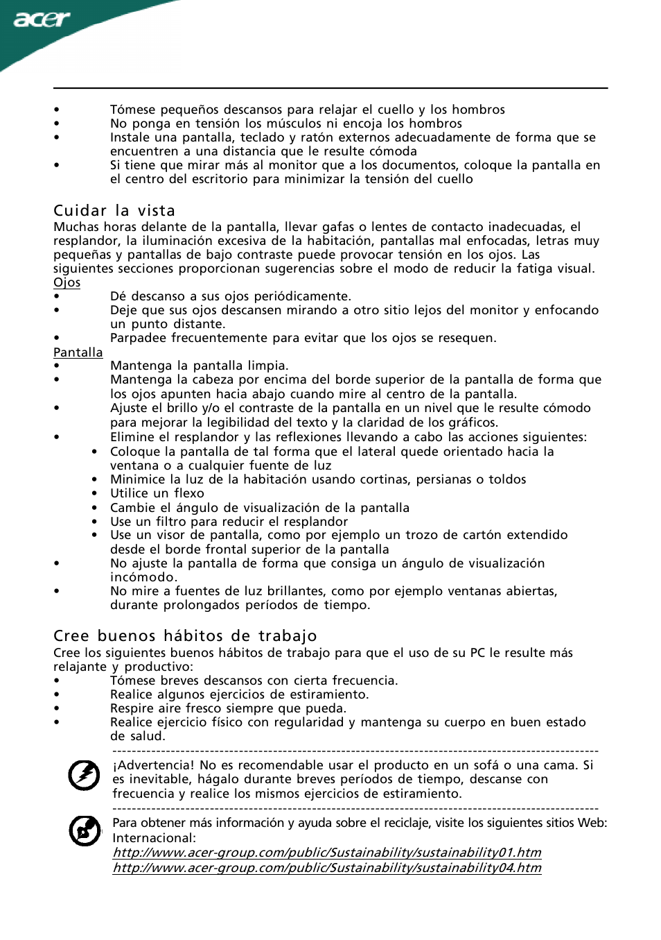 Es-4, Cuidar la vista, Cree buenos hábitos de trabajo | Acer A221HQ User Manual | Page 5 / 23