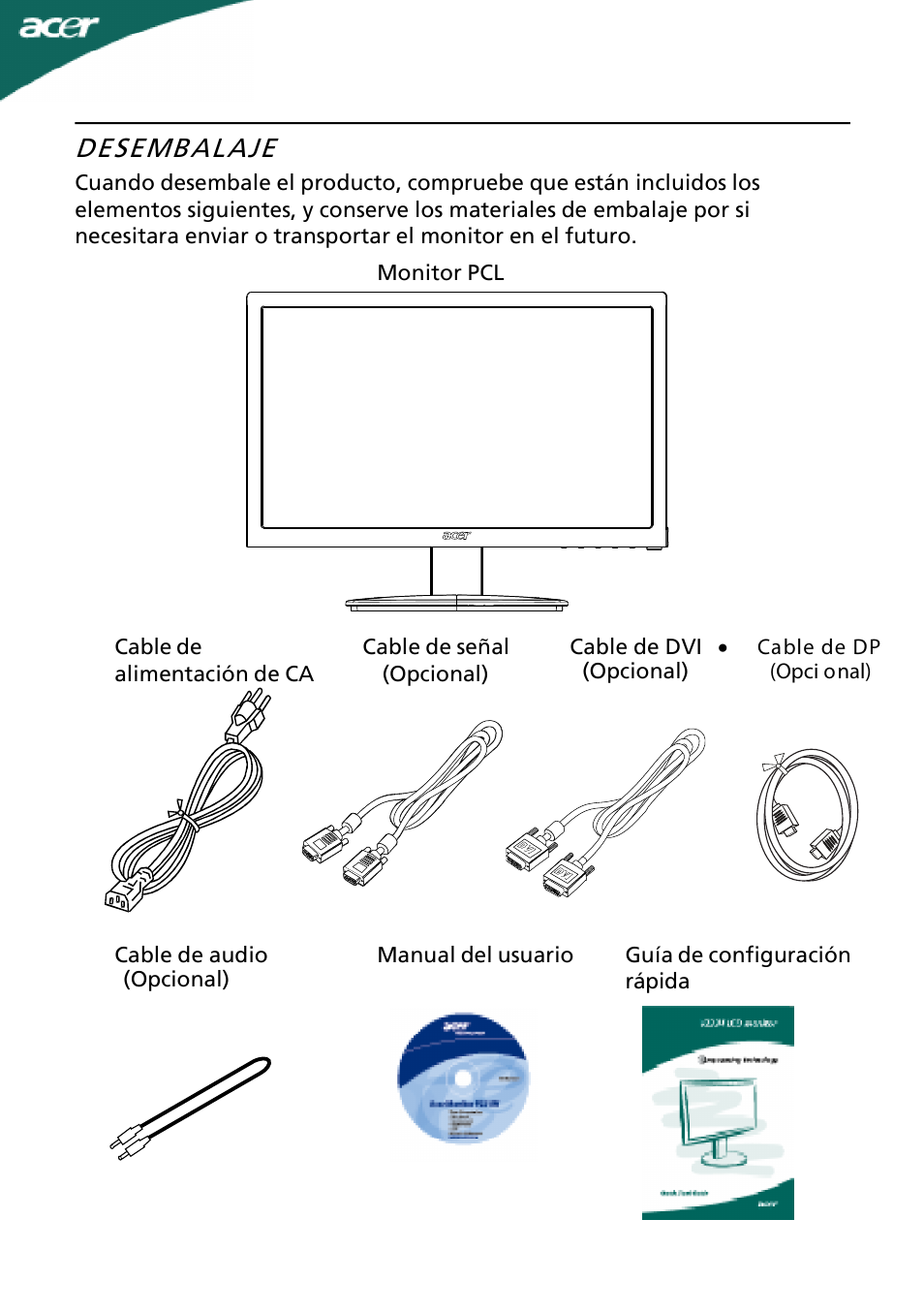 Desembalaje | Acer A221HQ User Manual | Page 6 / 23