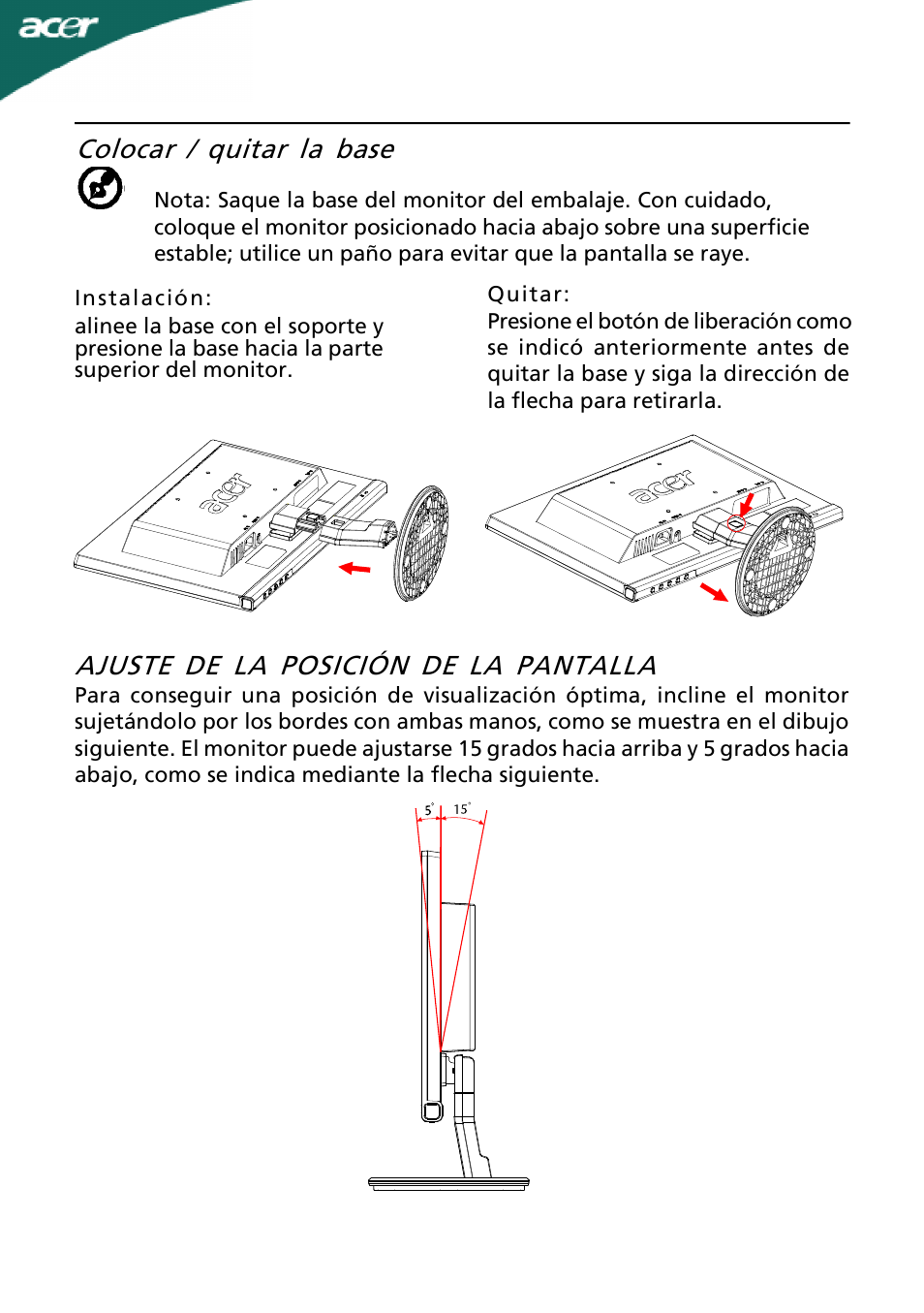 Ajuste de la posición de la pantalla, Colocar / quitar la base | Acer A221HQ User Manual | Page 7 / 23