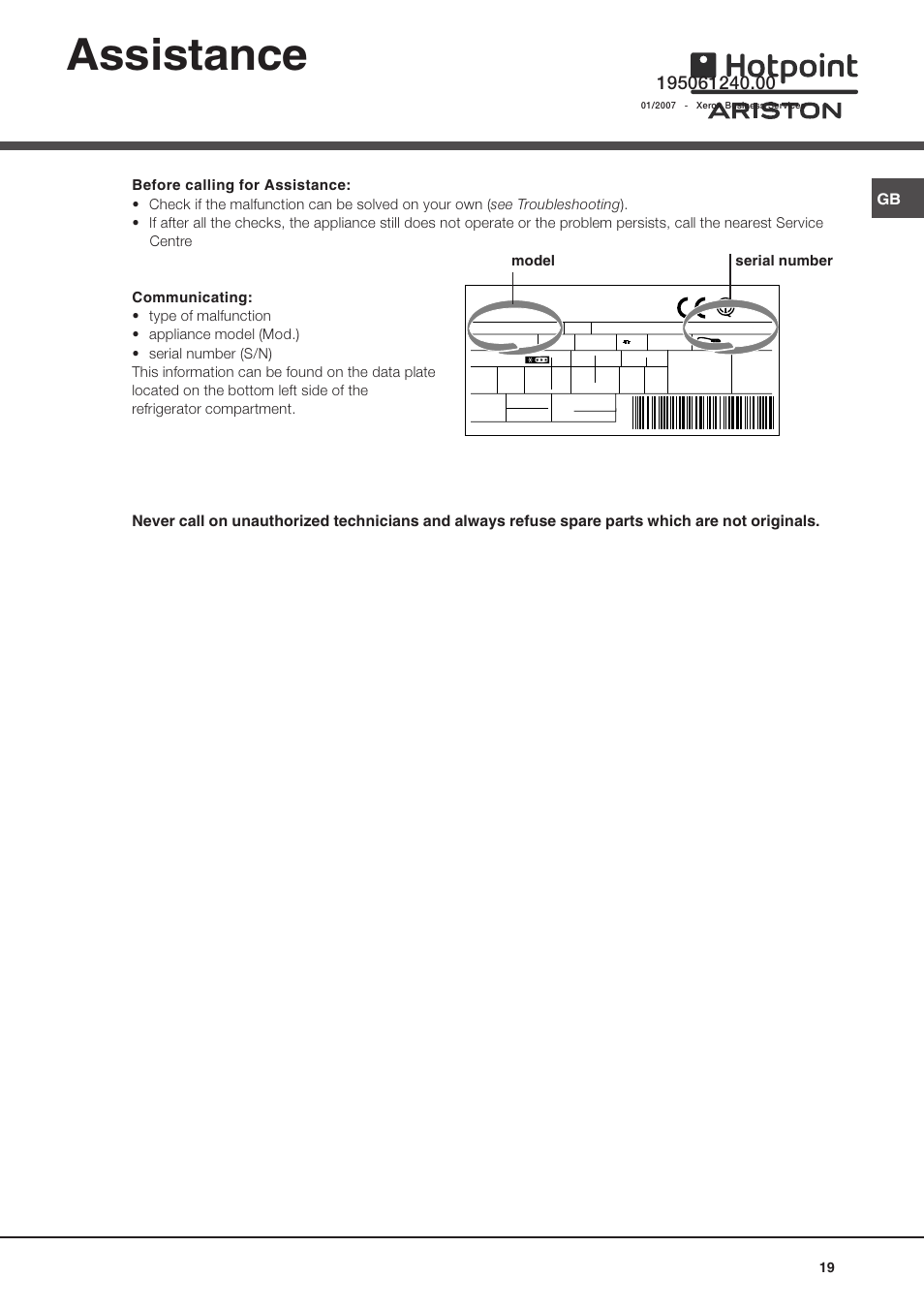 Assistance, Model serial number | Ariston BD 2930 HA User Manual | Page 19 / 40