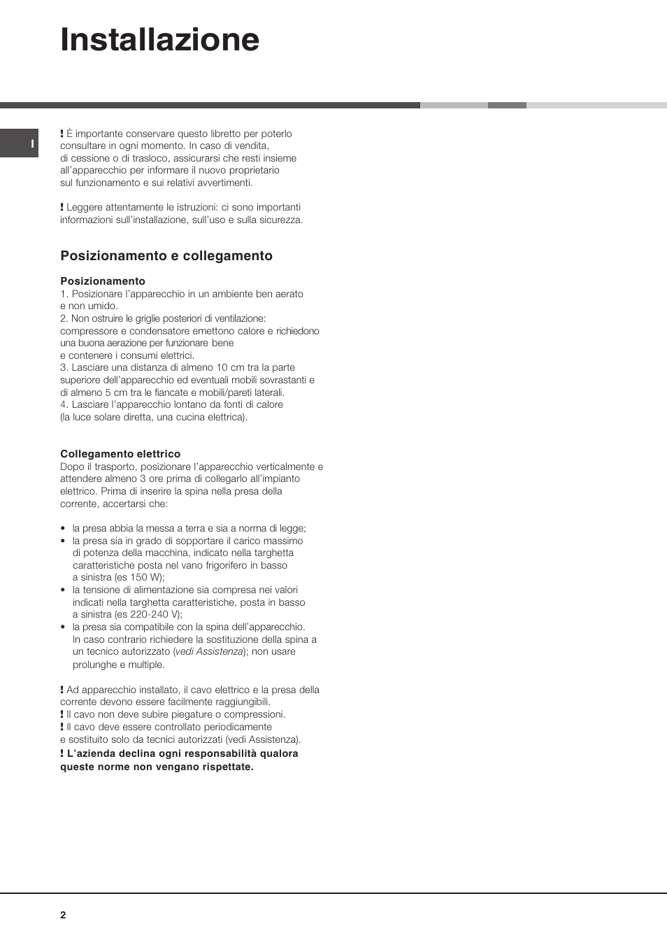 Installazione, Posizionamento e collegamento | Ariston BD 2930 HA User Manual | Page 2 / 40