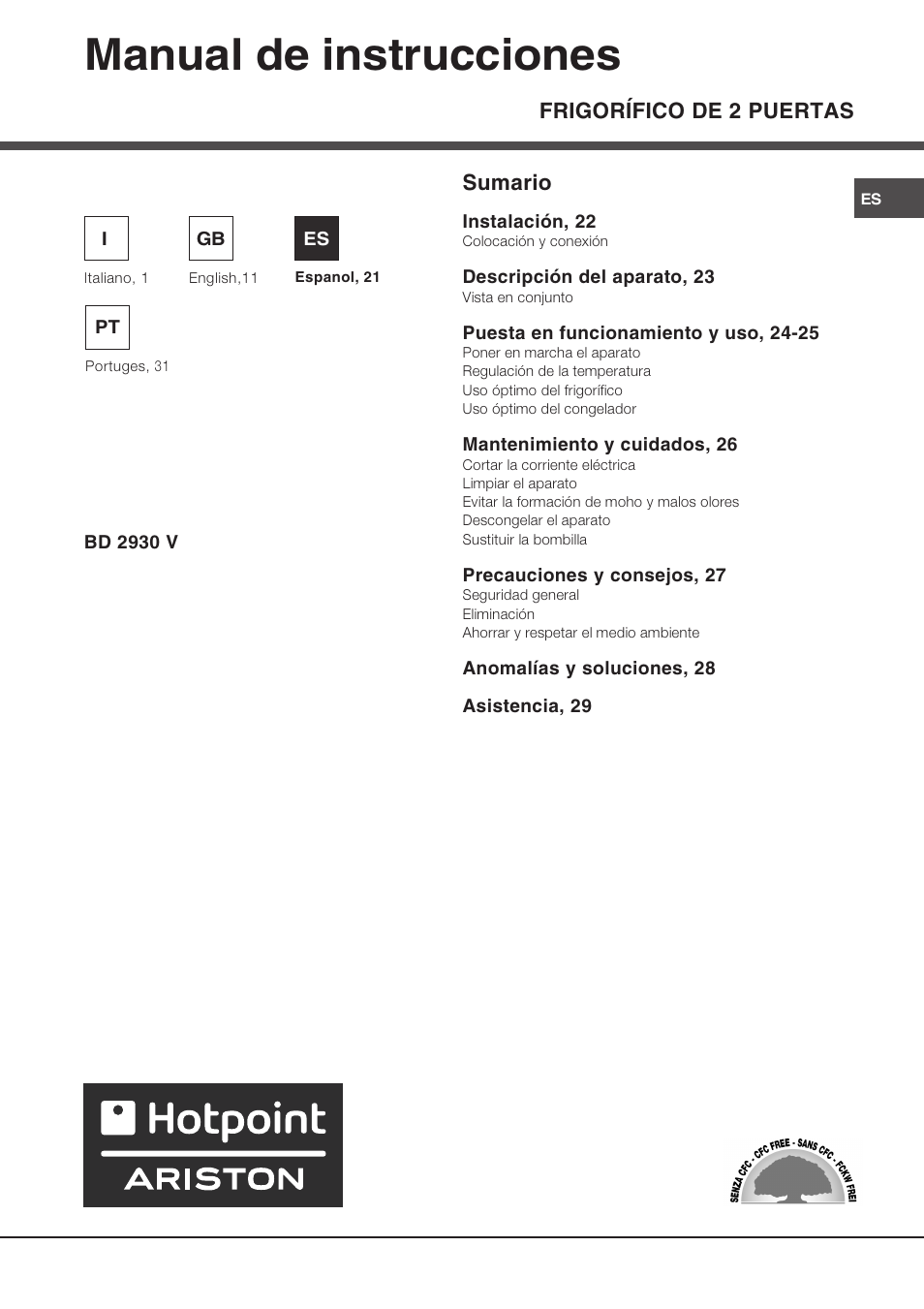 Manual de instrucciones, Frigorífico de 2 puertas sumario | Ariston BD 2930 HA User Manual | Page 21 / 40