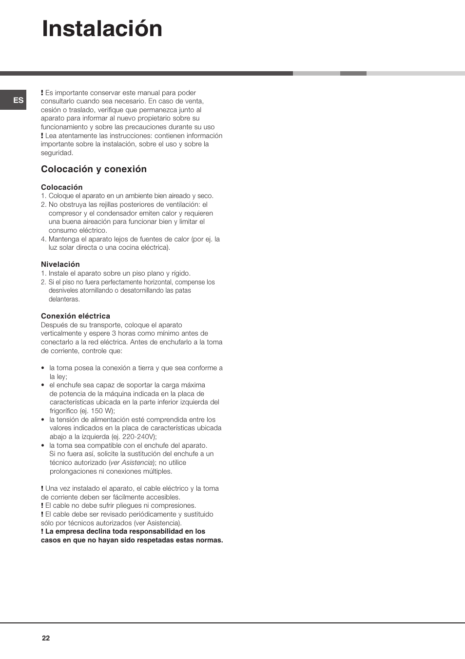 Instalación, Colocación y conexión | Ariston BD 2930 HA User Manual | Page 22 / 40