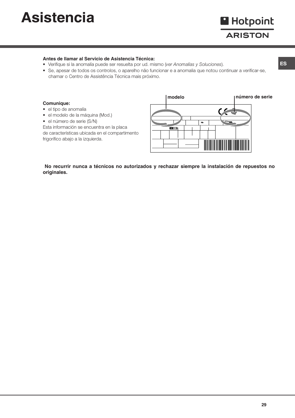 Asistencia, Modelo número de serie | Ariston BD 2930 HA User Manual | Page 29 / 40